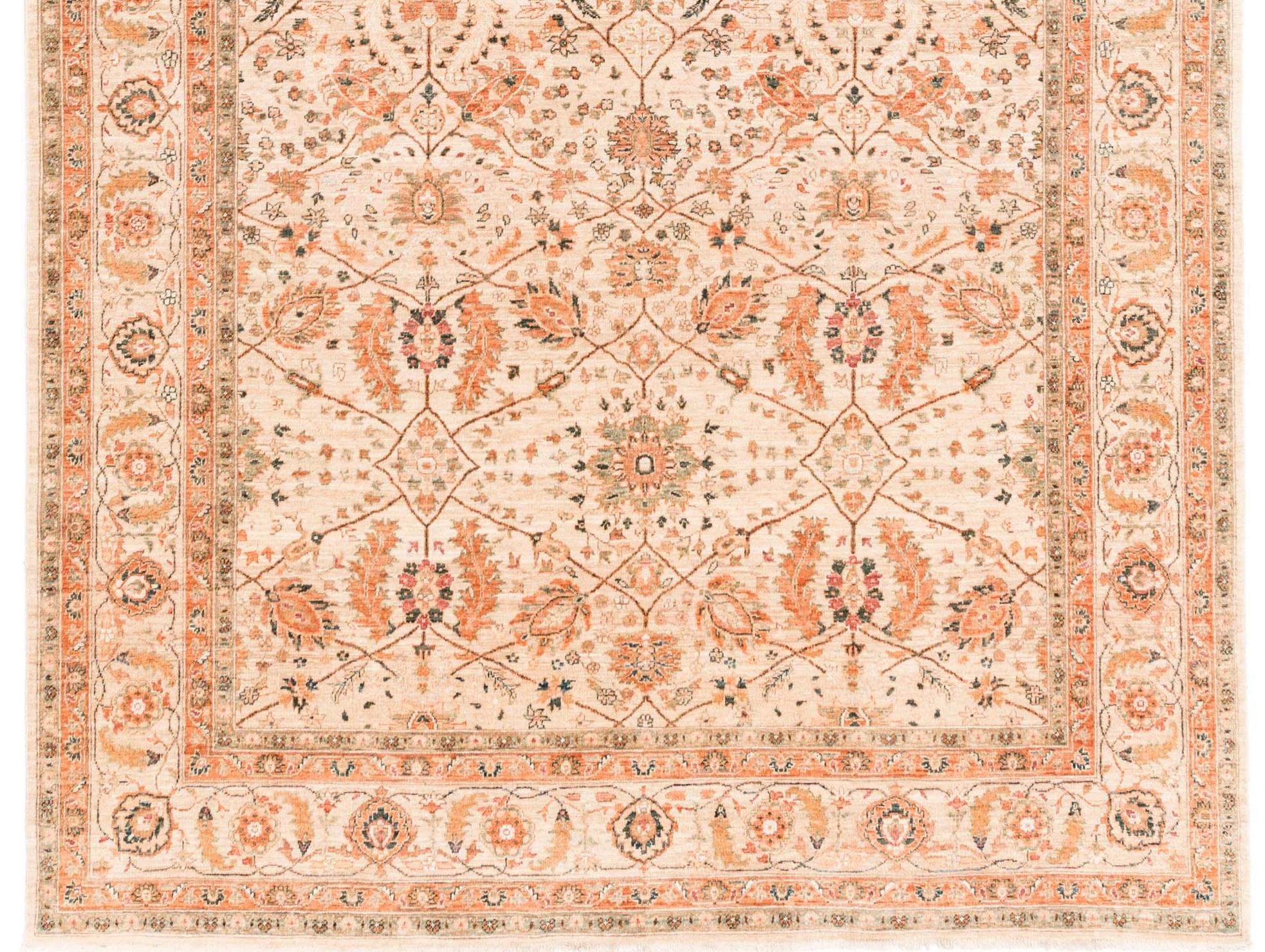 Contemporary Afghan Transitional Rug Handwoven with Ivory, Orange, Green Wool