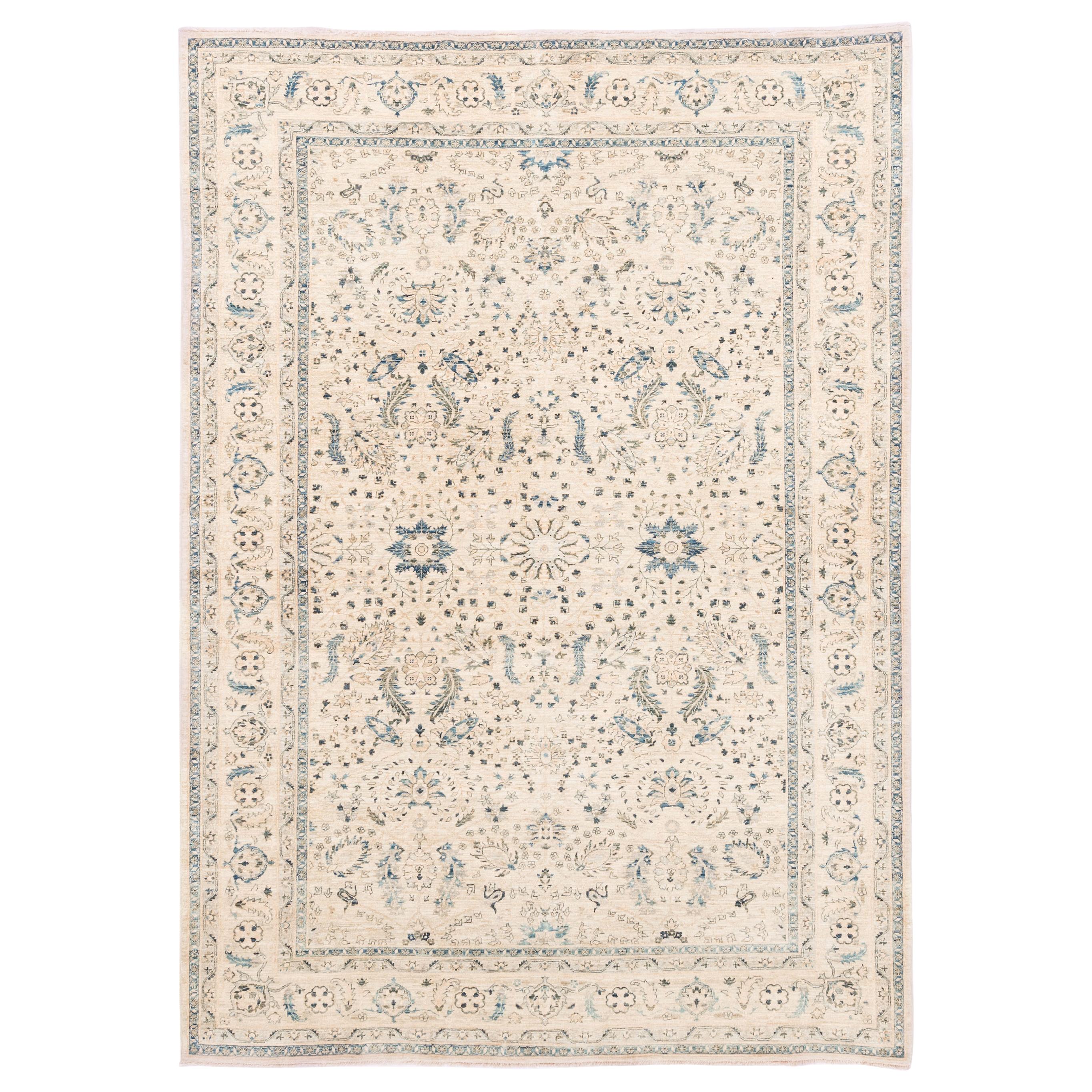 New Afghan Transitional Rug Handwoven with Ivory and Blue Wool