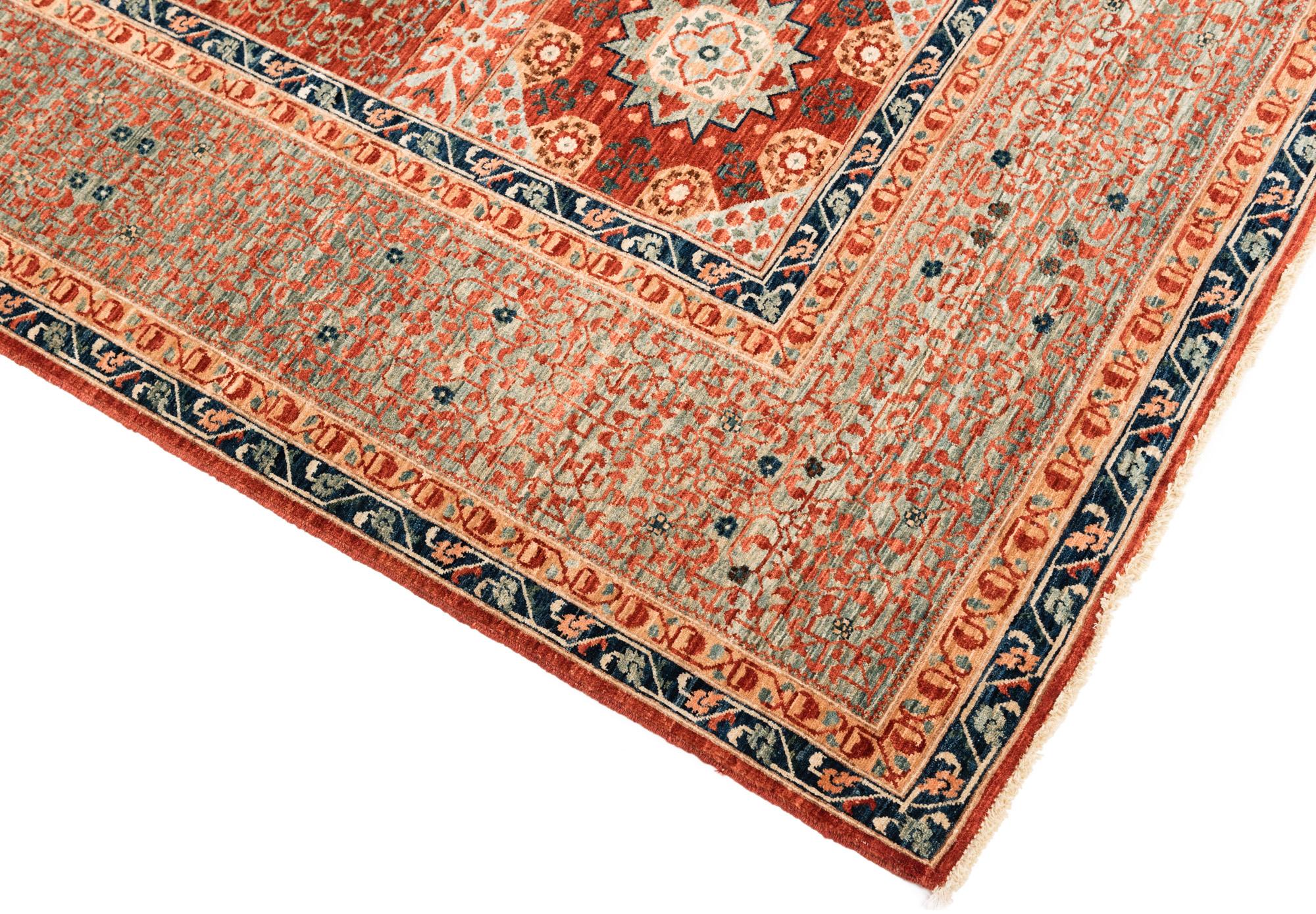 Hand-Knotted New Afghan Transitional Rug in Blue and Orange on an Ivory Field For Sale