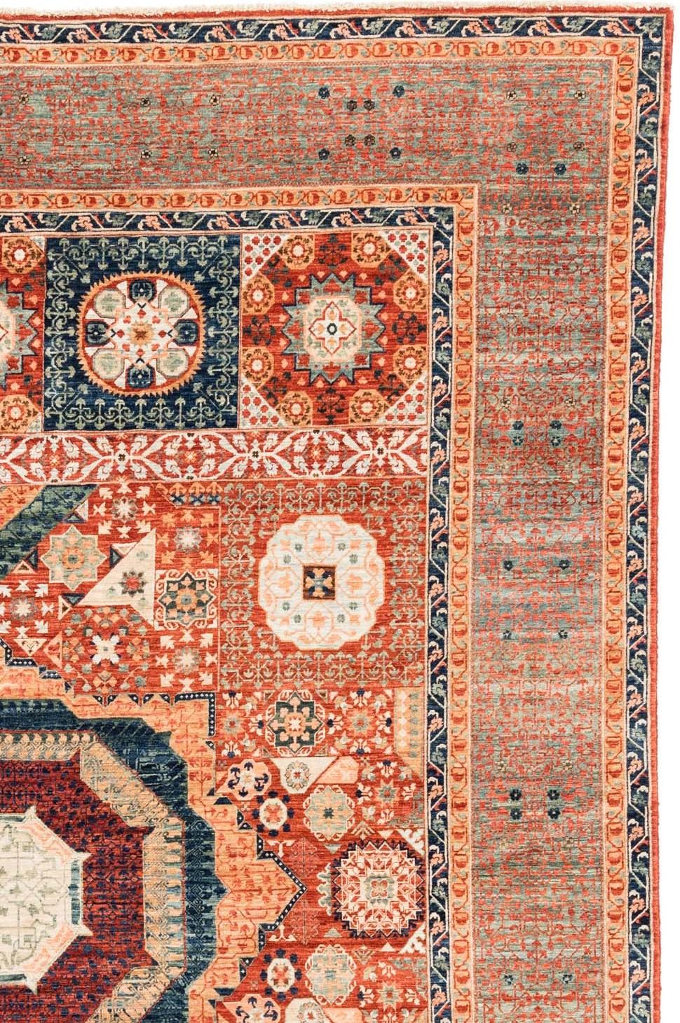 New Afghan Transitional Rug in Blue and Orange on an Ivory Field In New Condition For Sale In Evanston, IL
