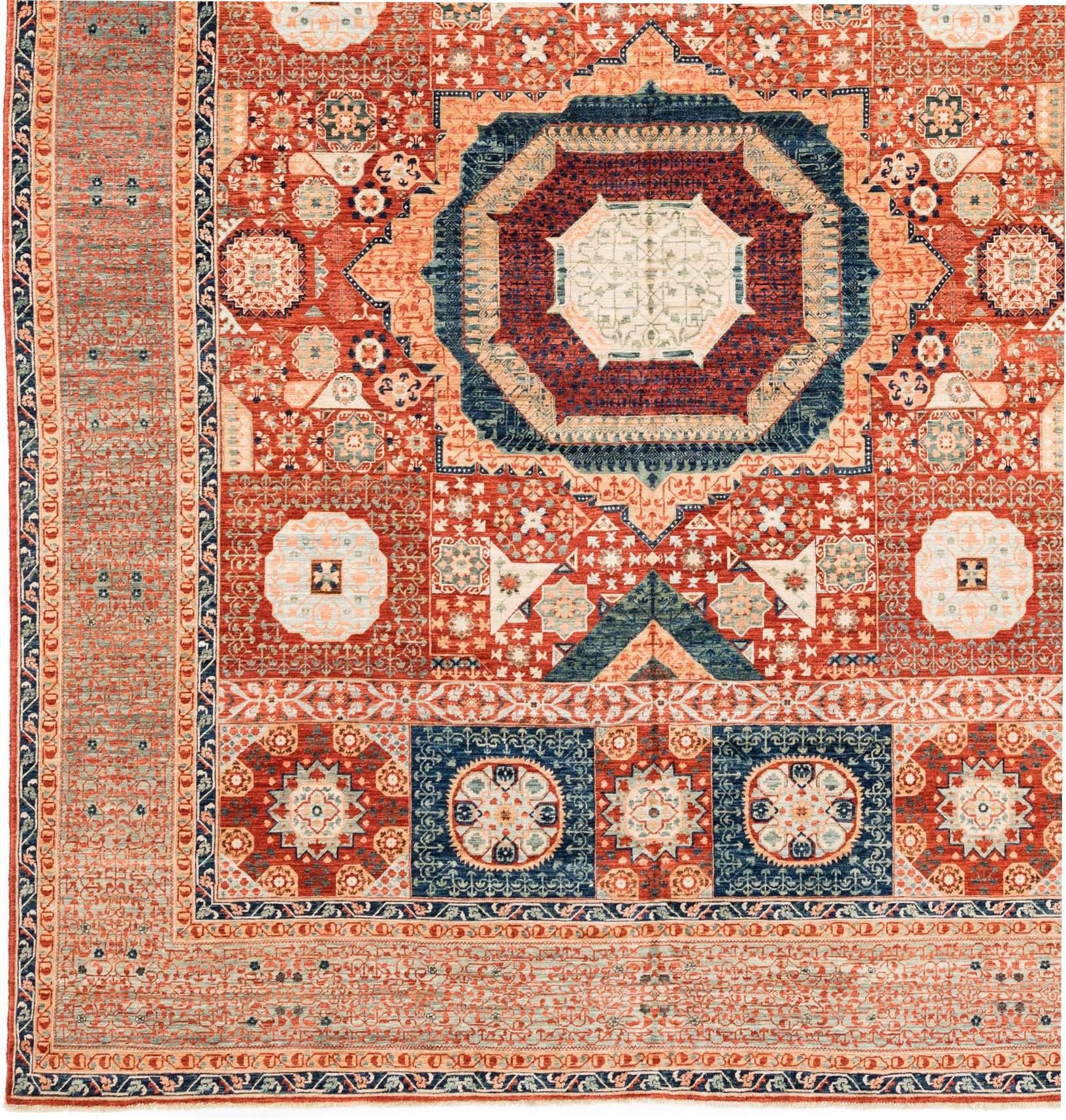 Contemporary New Afghan Transitional Rug in Blue and Orange on an Ivory Field For Sale