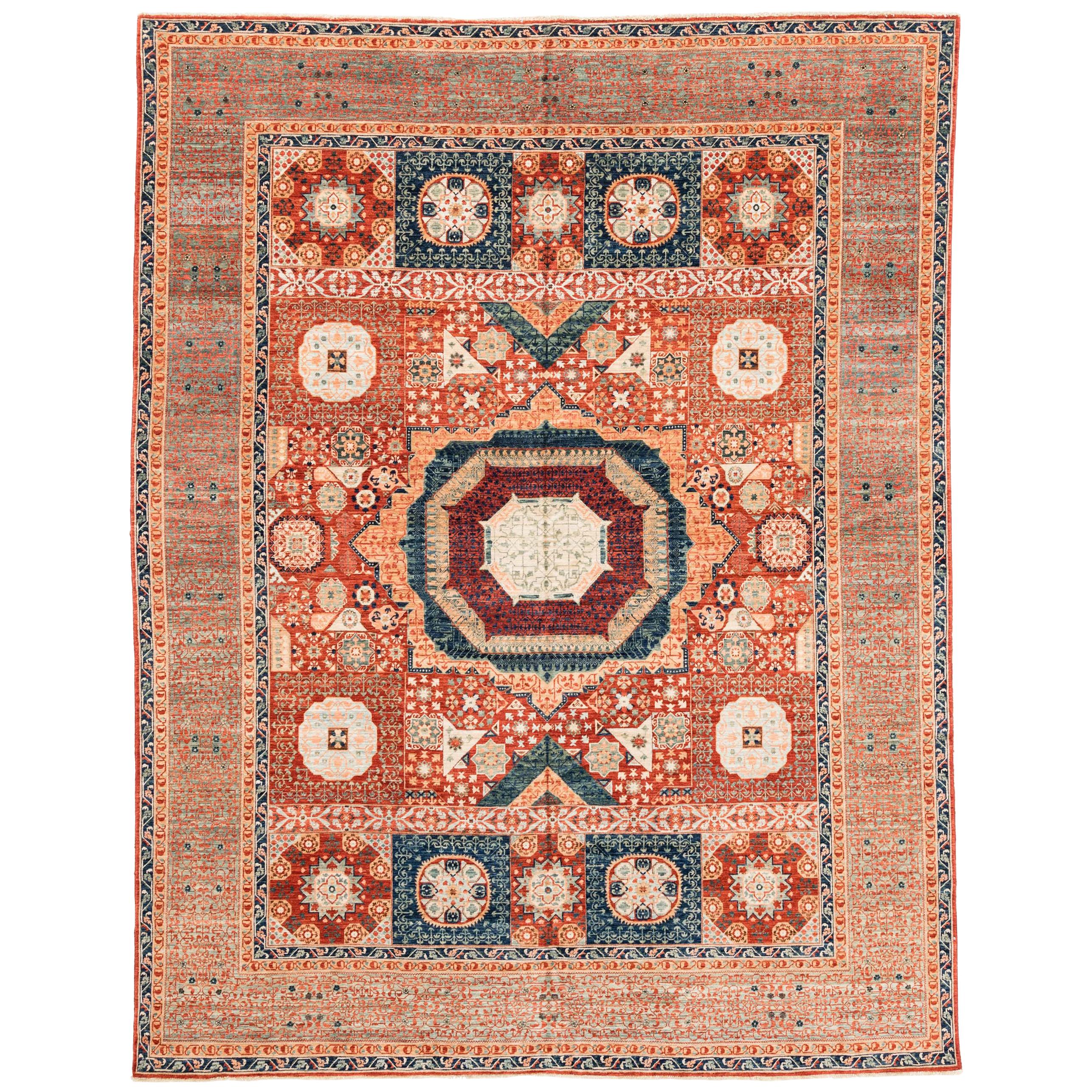 New Afghan Transitional Rug in Blue and Orange on an Ivory Field For Sale