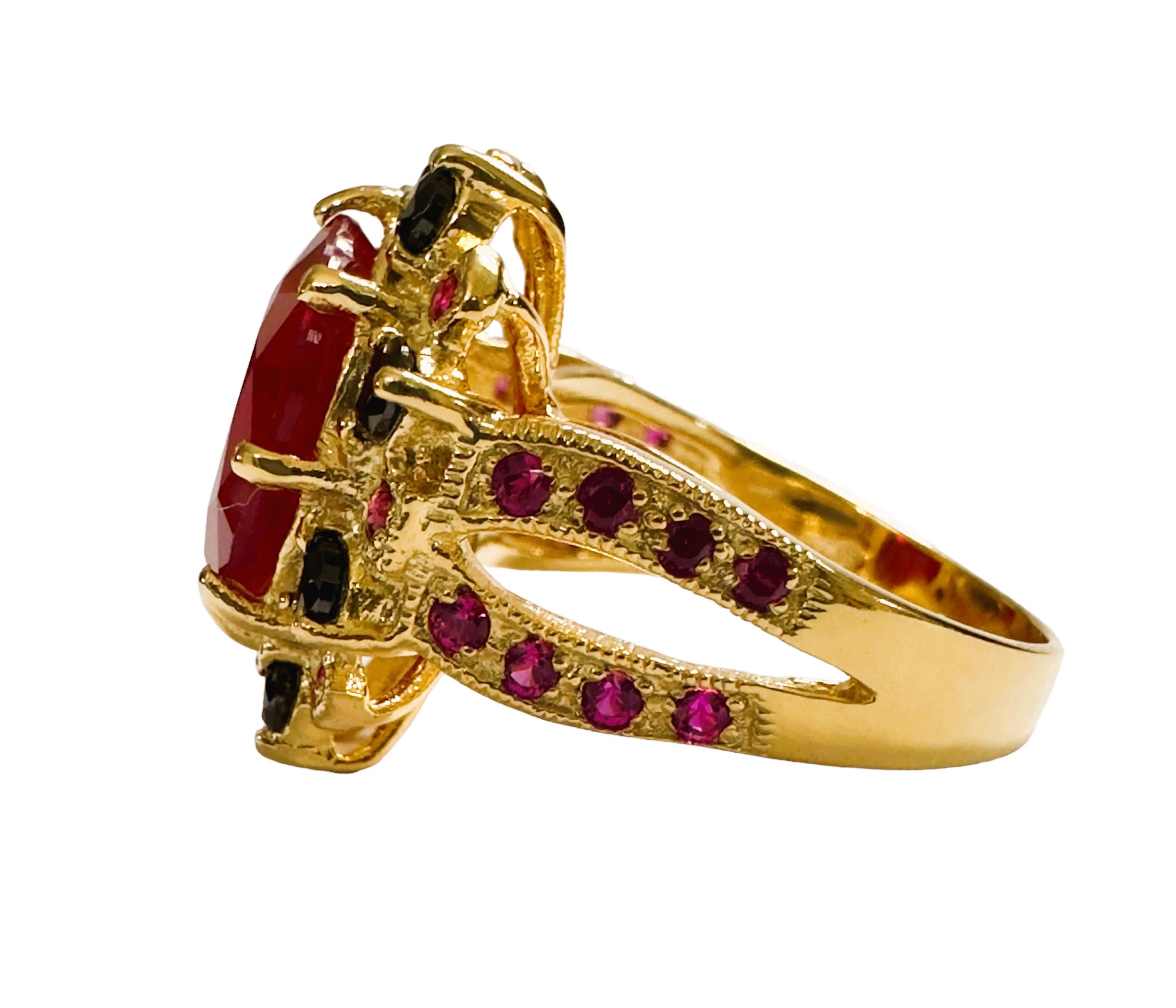 Art Deco New African 10 ct Pinkish Red Sapphire  & Spinel YGold Plated Sterling Ring 8