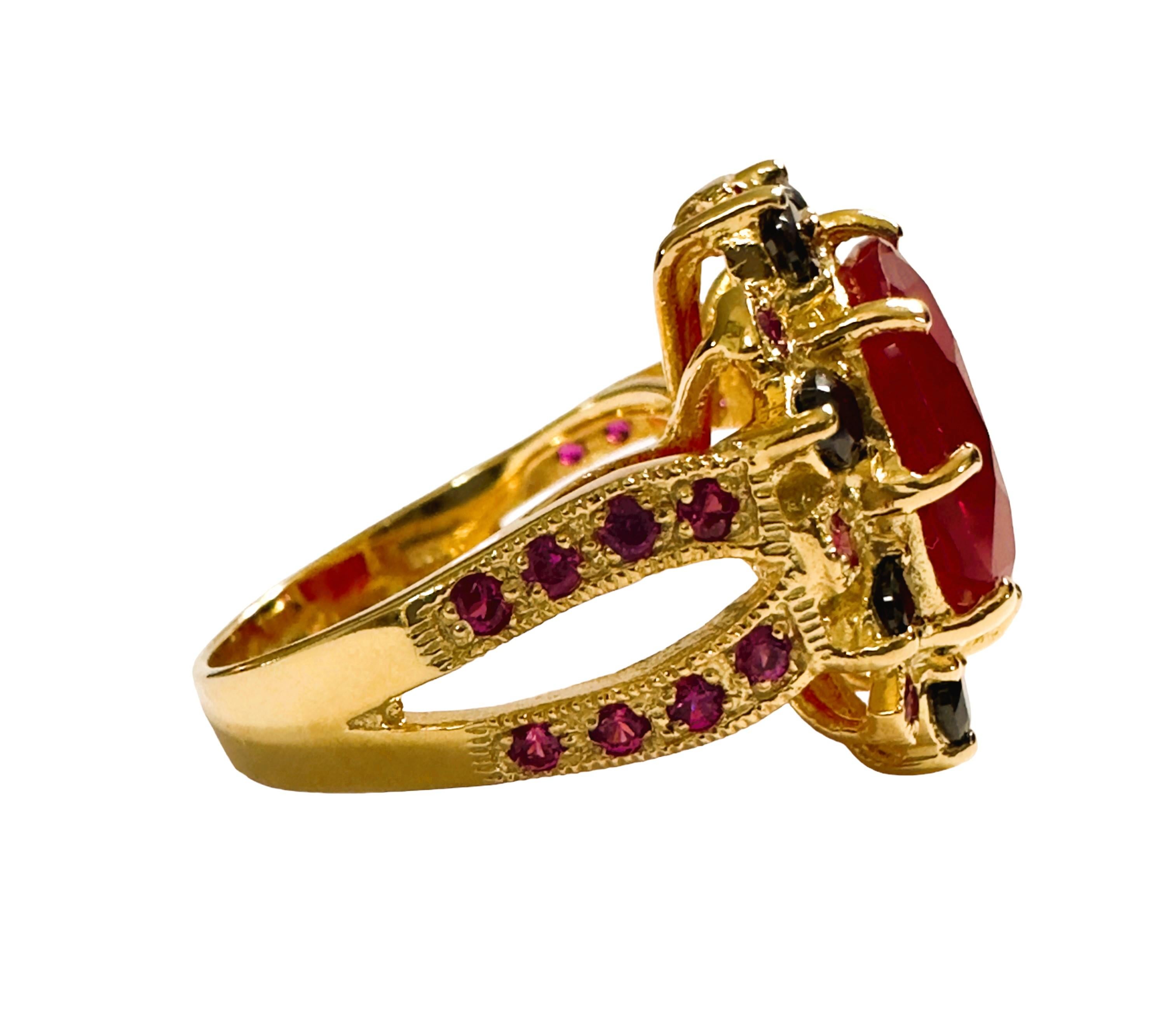 New African 10 ct Pinkish Red Sapphire  & Spinel YGold Plated Sterling Ring 8 In New Condition In Eagan, MN