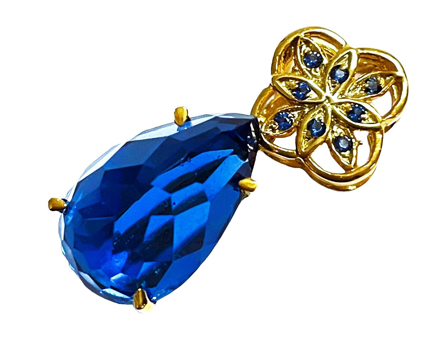 New African 10.3 Ct Swiss Blue Pear Topaz Yellow Gold Plated Sterling Pendant In New Condition In Eagan, MN
