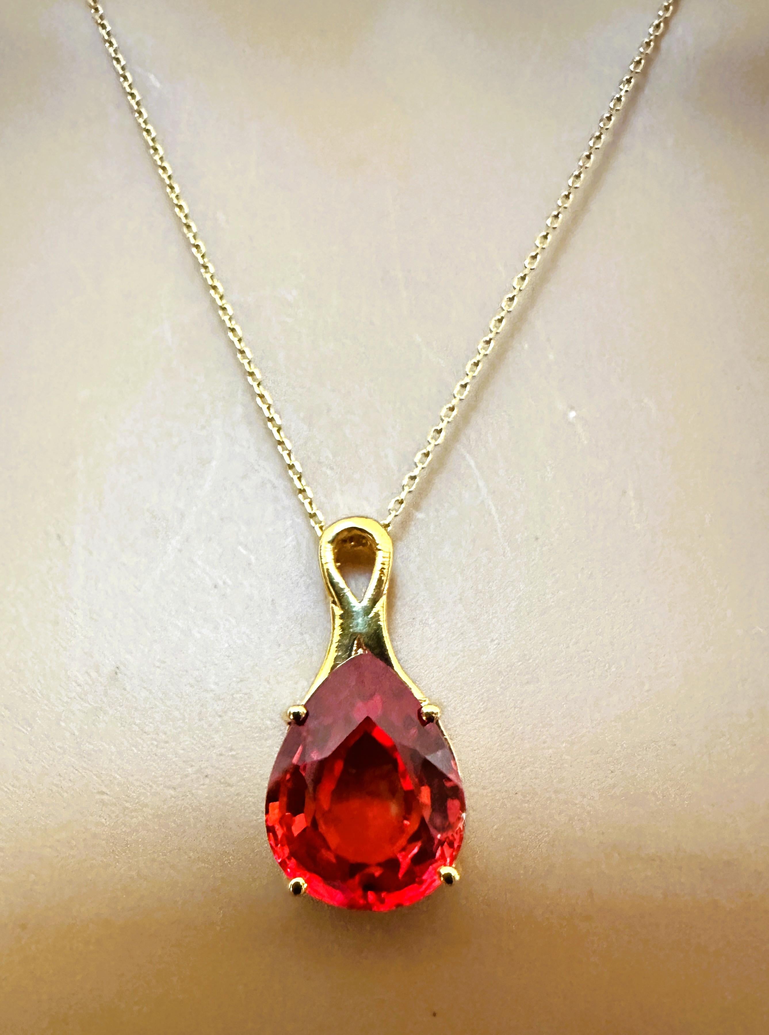 Art Deco New African 10.85 ct Fanta Spessartite Garnet Pear Yellow Gold Plated Necklace