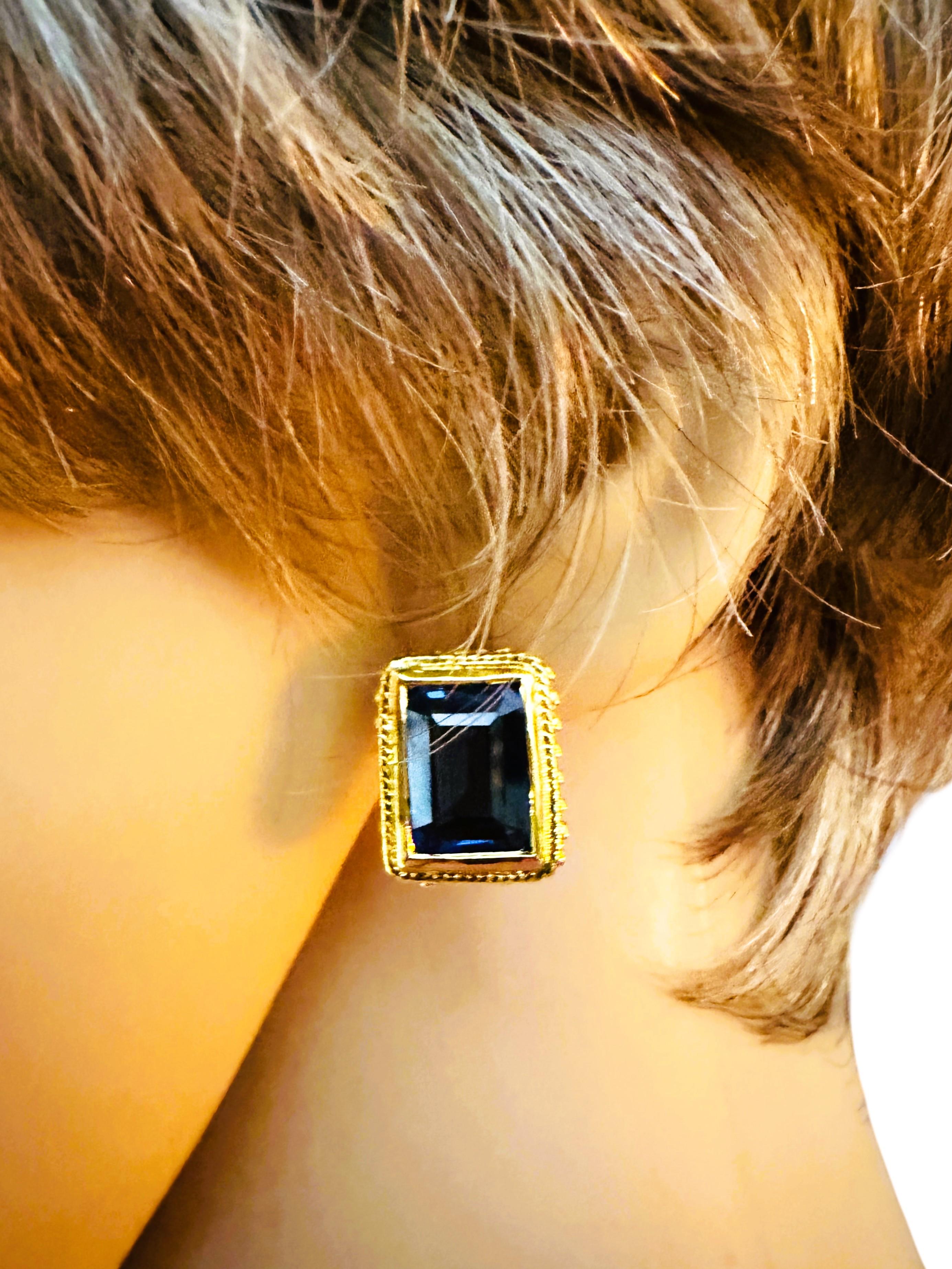 Women's New 11.40 Carat Blue Sapphire Baguette Yellow Gold Plated Sterling Earrings For Sale