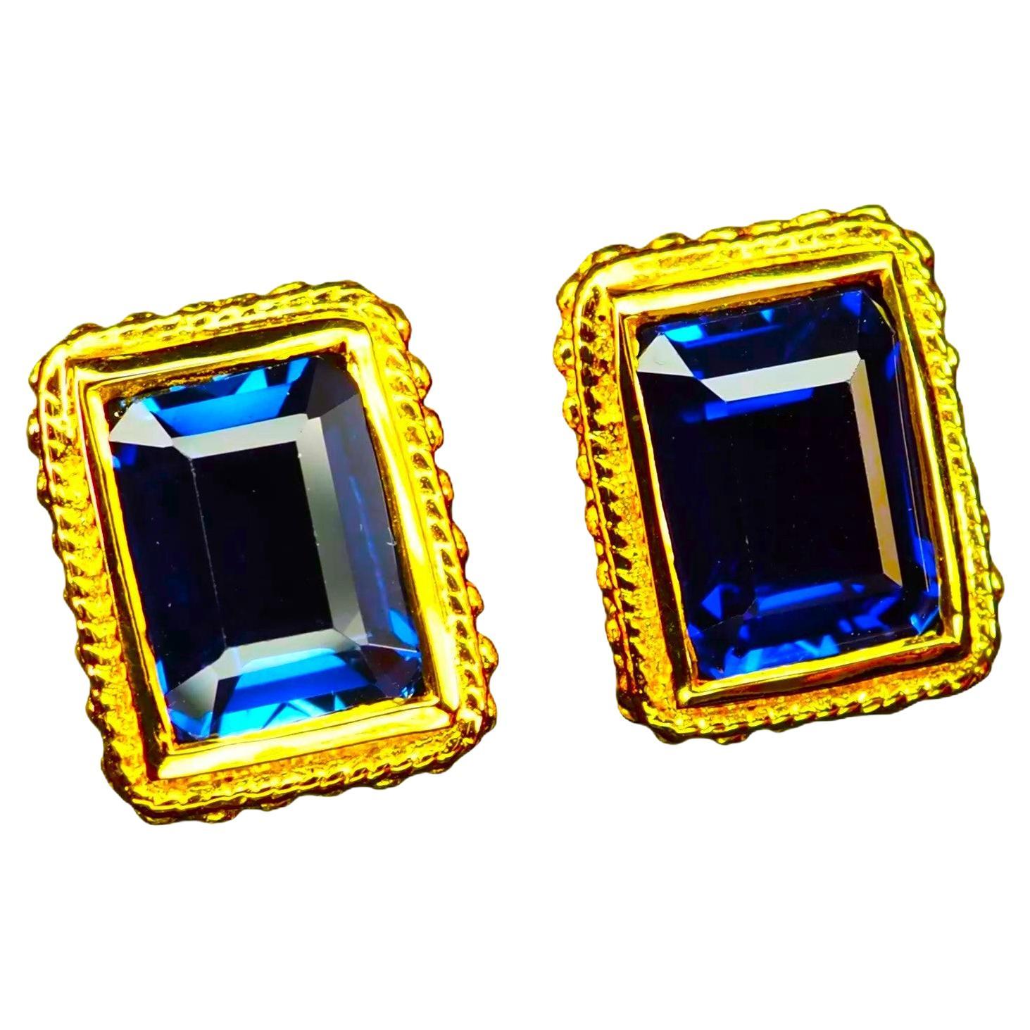 New 11.40 Carat Blue Sapphire Baguette Yellow Gold Plated Sterling Earrings