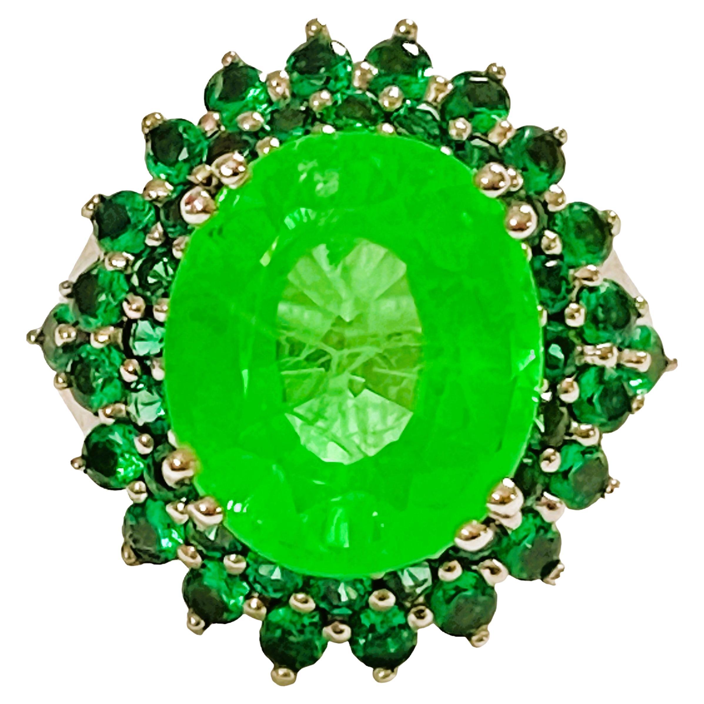 New African 11.9 Ct Emerald Green Garnet & Green Sapphire Sterling Ring