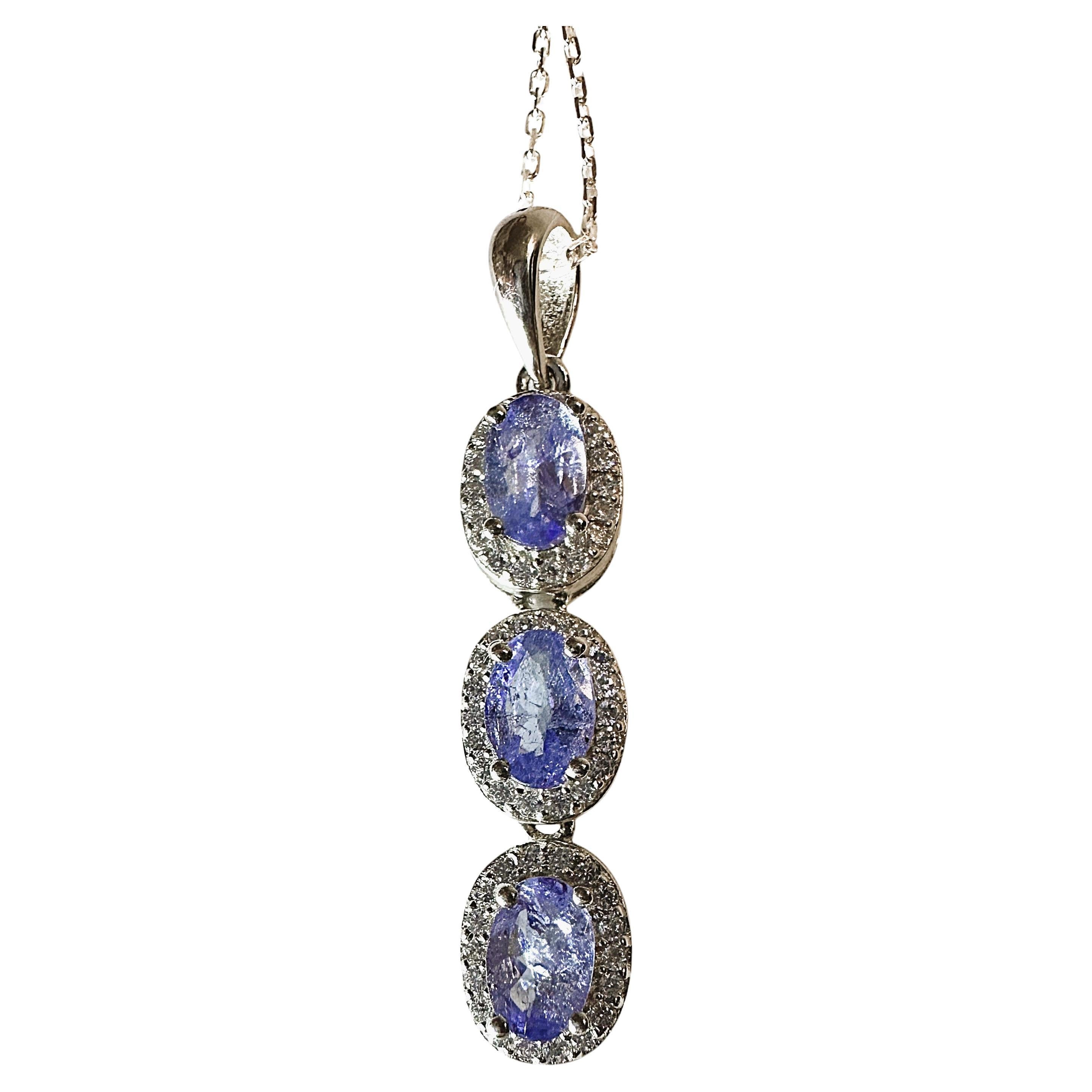 New African 1.30 ct 3-Stone Tanzanite Sapphire Sterling Pendant Necklace