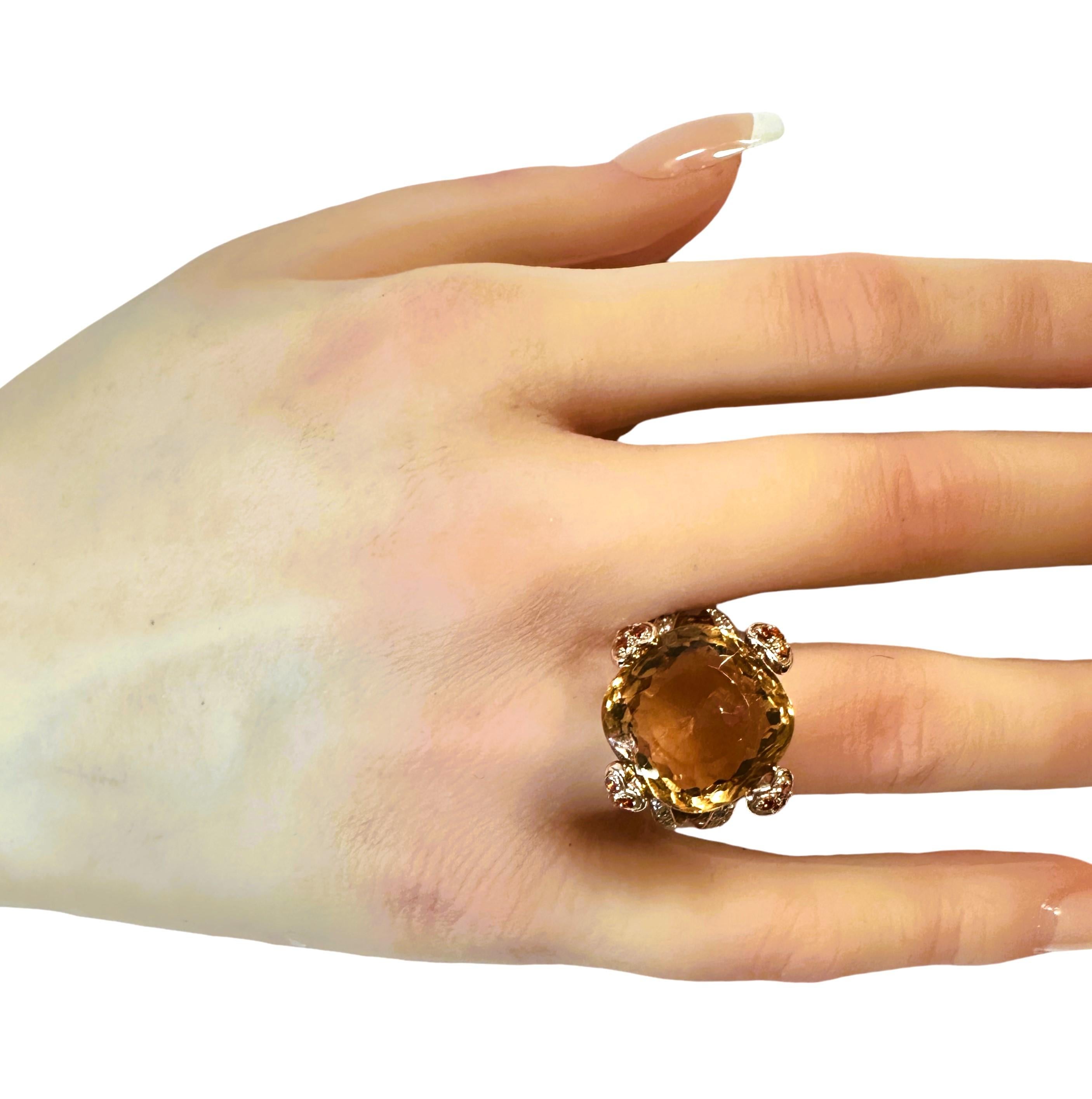 New 13.60 Carat Champagne Morganite & Diamond Cut Sapphire R Gold Sterling Ring For Sale 1