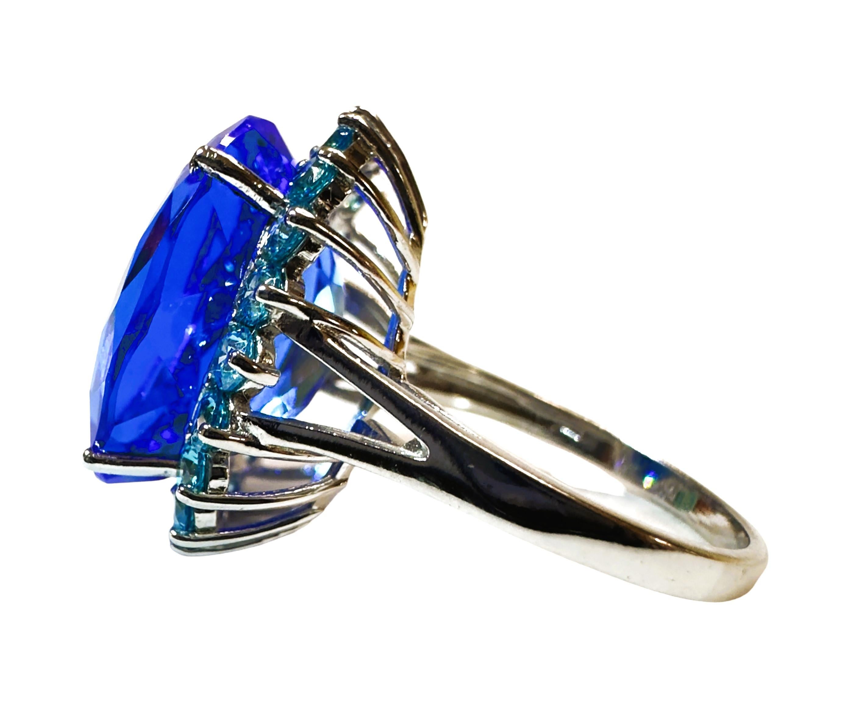 Art Deco New African 15.90 Ct Swiss Blue Topaz & Aqua Sapphire Sterling Ring For Sale