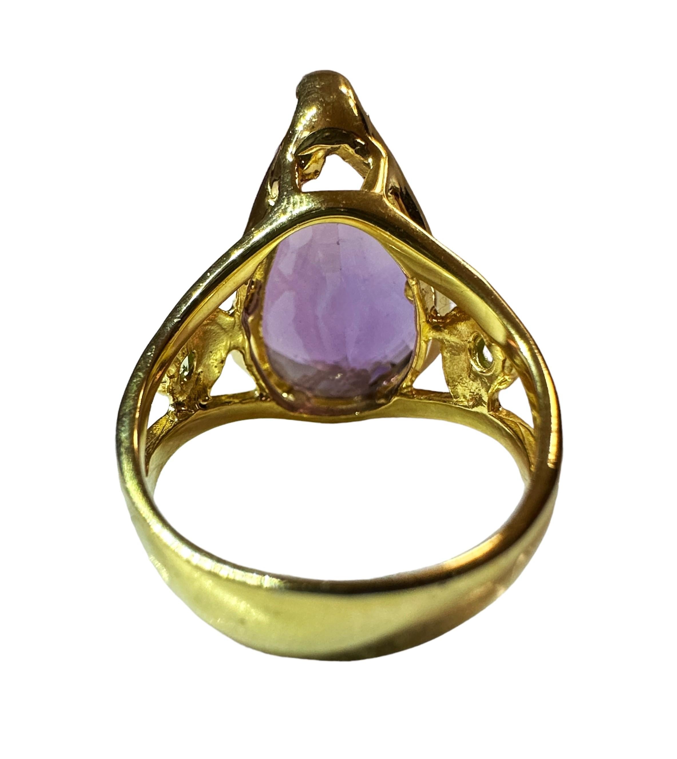 Neuer afrikanischer 16 Karat lila Amethyst-Gelbvergoldeter Sterling-Ring Größe 7,5 (Art déco)