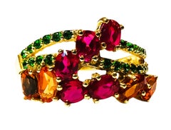 New African 1.80 Ct Fuchsia & Orange Sapphire & Tsavorite YGold Sterling Ring