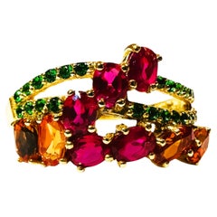 New African 1.80 Ct Fuchsia 
Orange Sapphire 
Tsavorite YGold Sterling Ring
