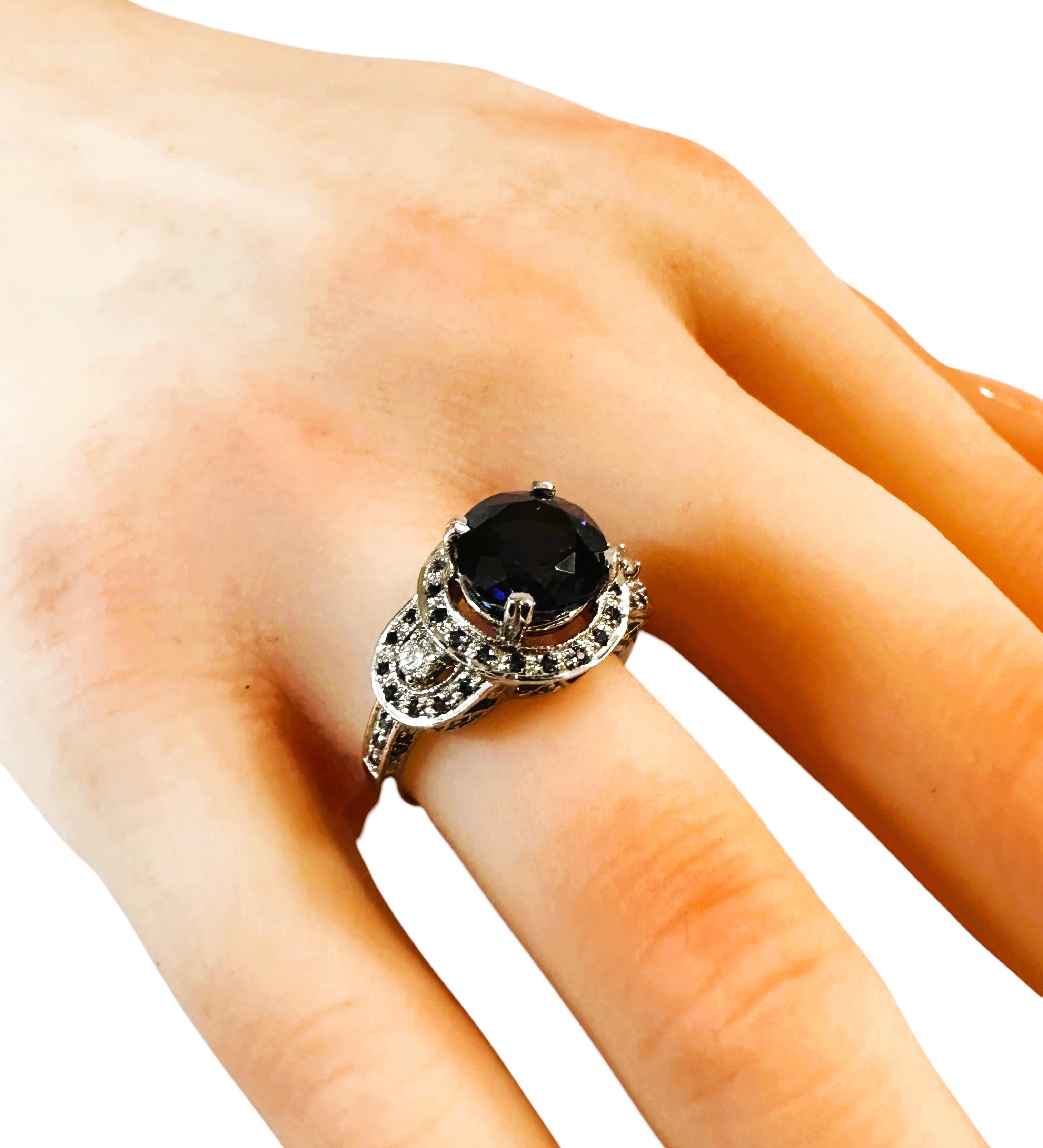 New African 3.10 Carat Deep Blue & White Sapphire Sterling Ring 3