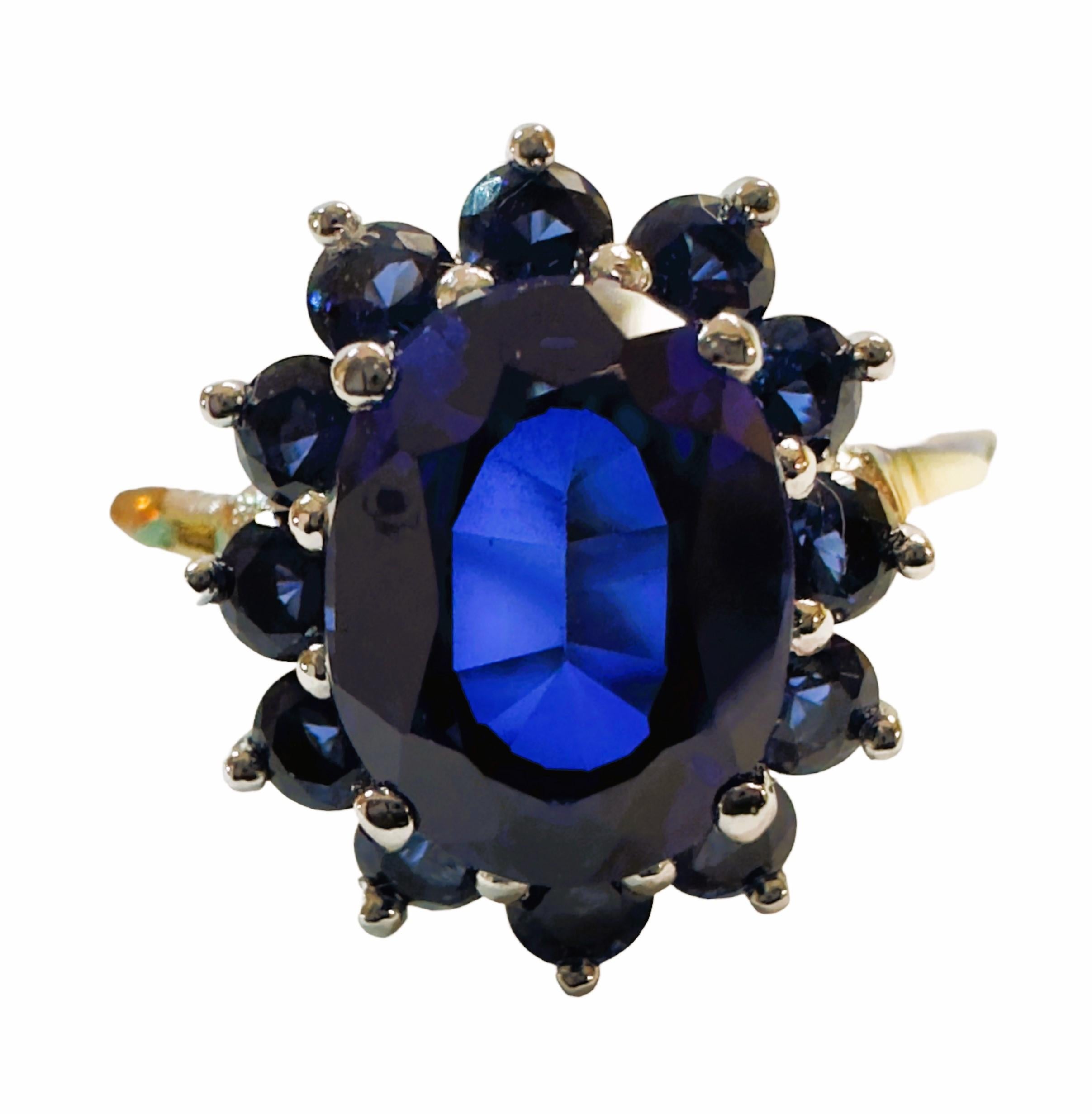 The ring is a size 6.25 and has just a beautiful and brilliant sapphire stone.  It is a high quality stone.  The stone is an oval cut stone and is 3.20 cts.   It measures 9 x 7 mm.  It is in a beautiful setting and is surrounded by diamond cut Royal
