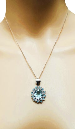 New African 3.5 Carat Aquamarine & Sapphire Sterling Pendant Adjustable Necklace