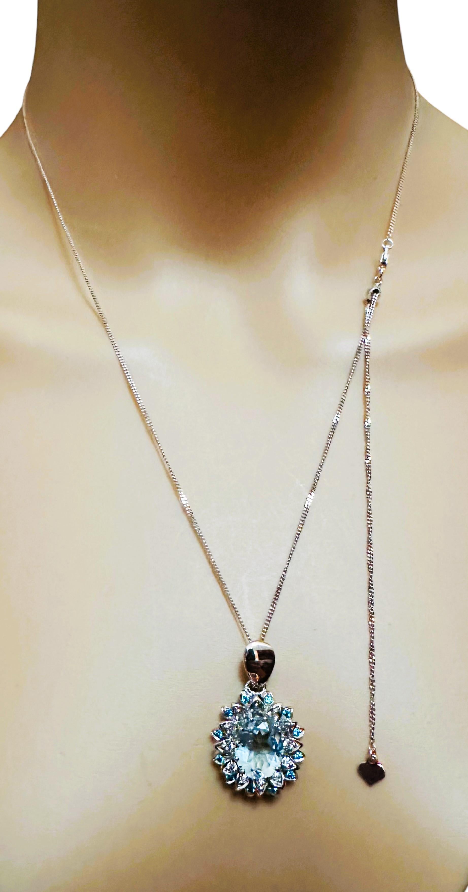 Art Deco New African 3.5 Carat Aquamarine & Sapphire Sterling Pendant Adjustable Necklace