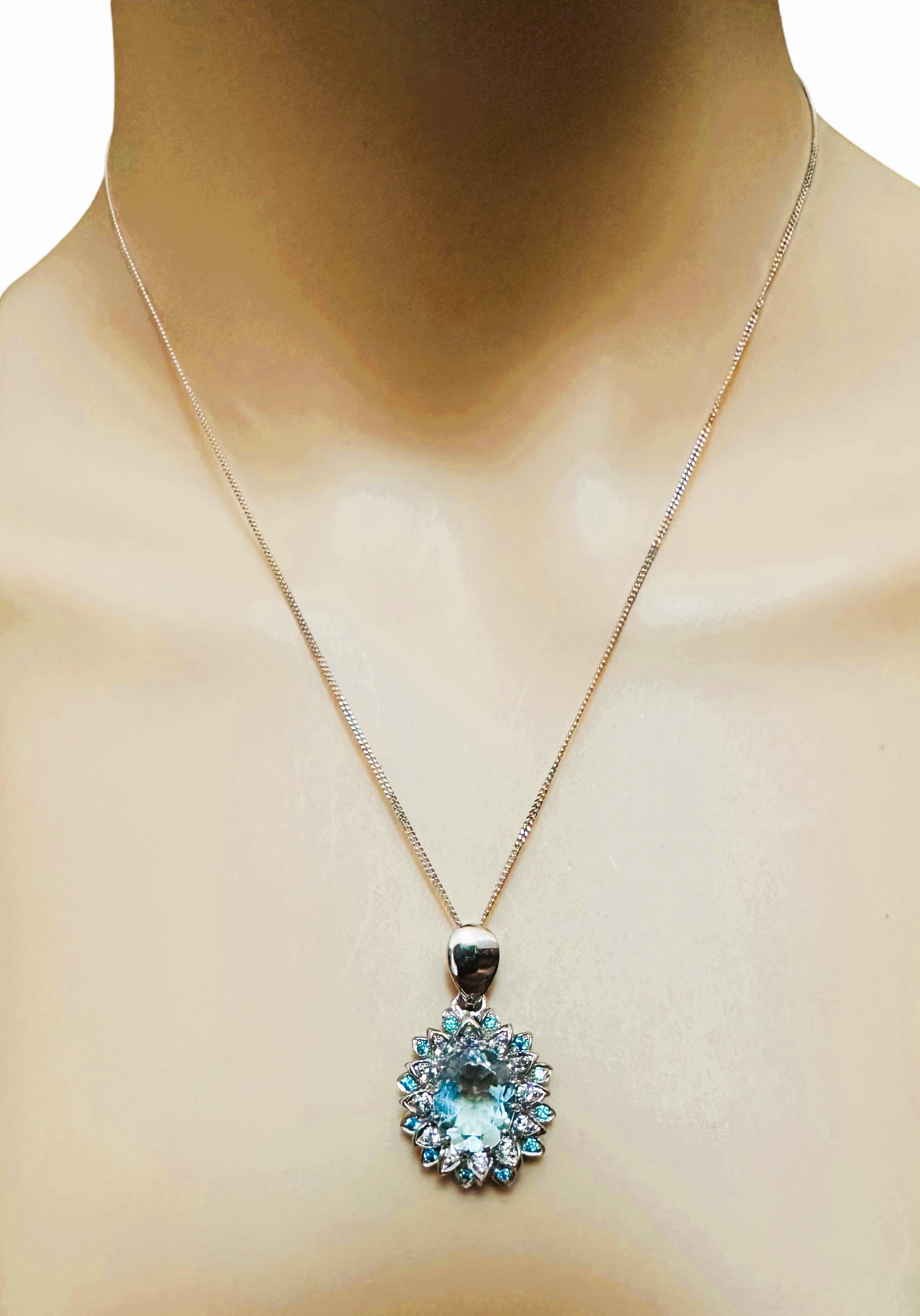 Oval Cut New African 3.5 Carat Aquamarine & Sapphire Sterling Pendant Adjustable Necklace