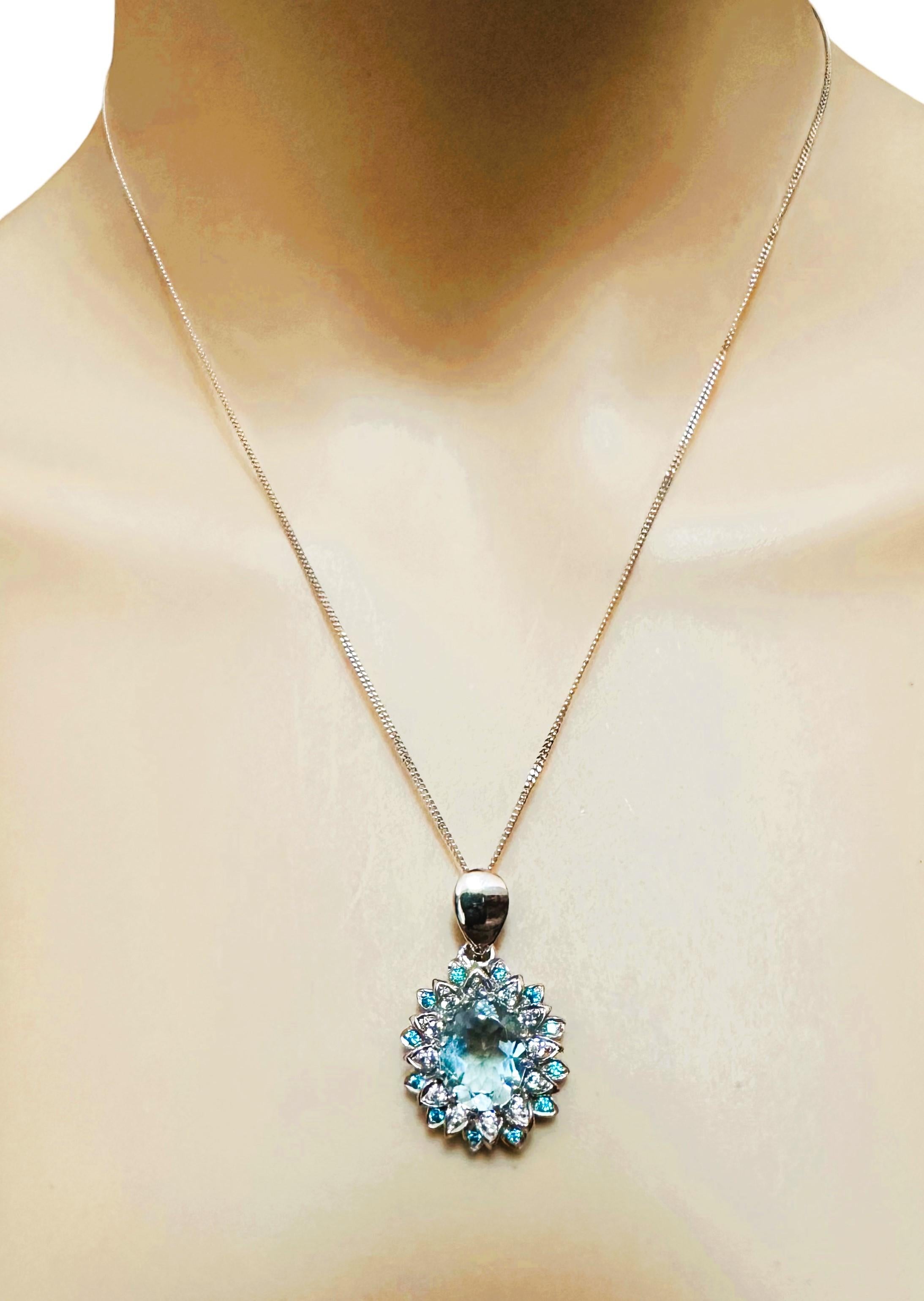 New African 3.5 Carat Aquamarine & Sapphire Sterling Pendant Adjustable Necklace In New Condition In Eagan, MN