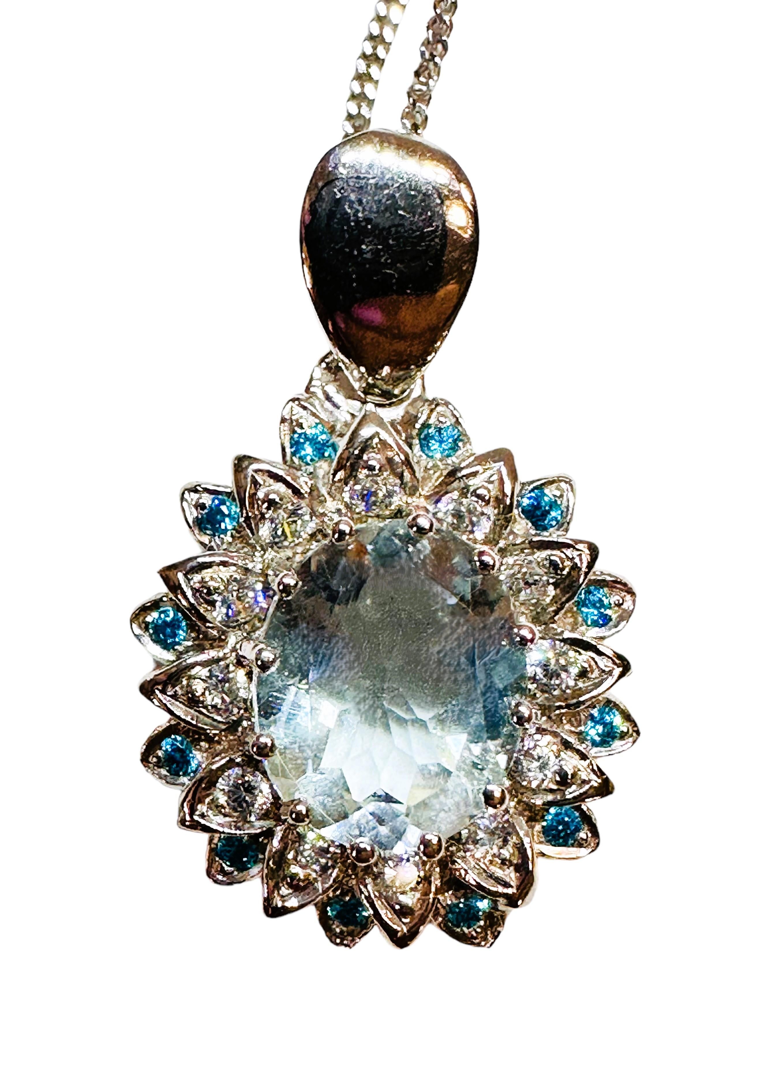 New African 3.5 Carat Aquamarine & Sapphire Sterling Pendant Adjustable Necklace 1