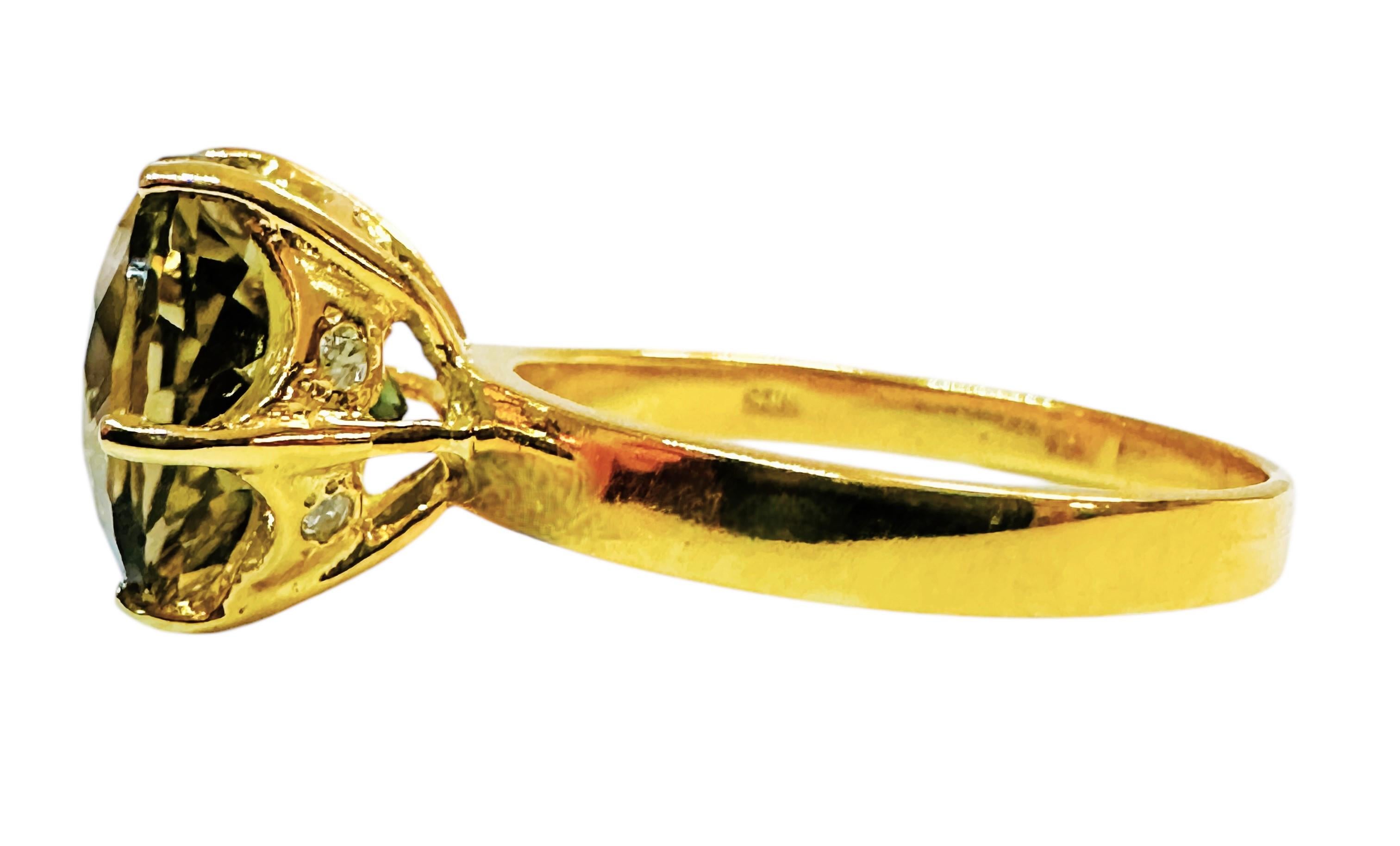 Art Deco New African 3.8 ct Forest Green Tourmaline & Sapphire YGold Plated Sterling Ring For Sale