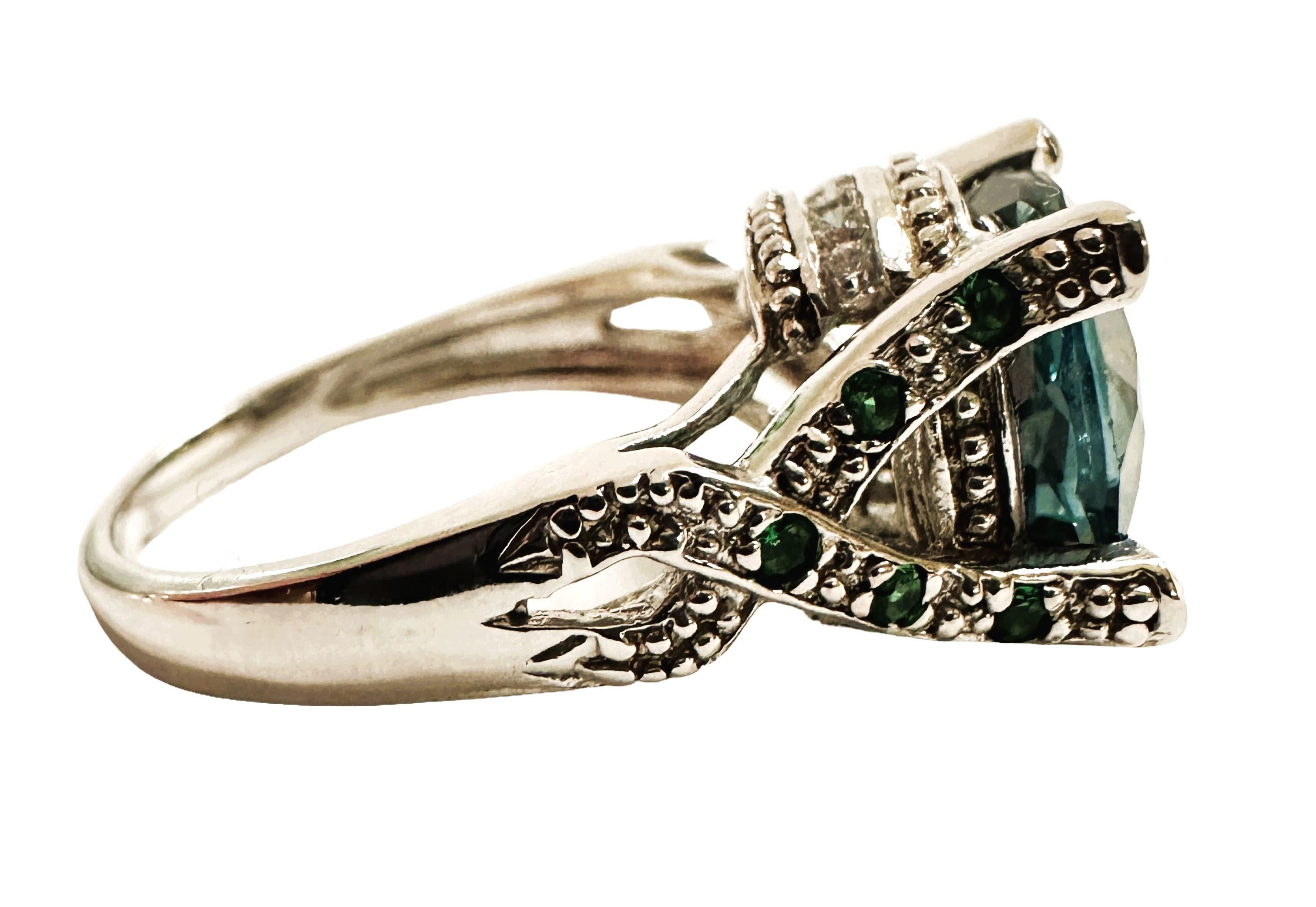 New African 4 Carat Blue Green Sapphire Sterling Ring Size 6.25 In New Condition In Eagan, MN