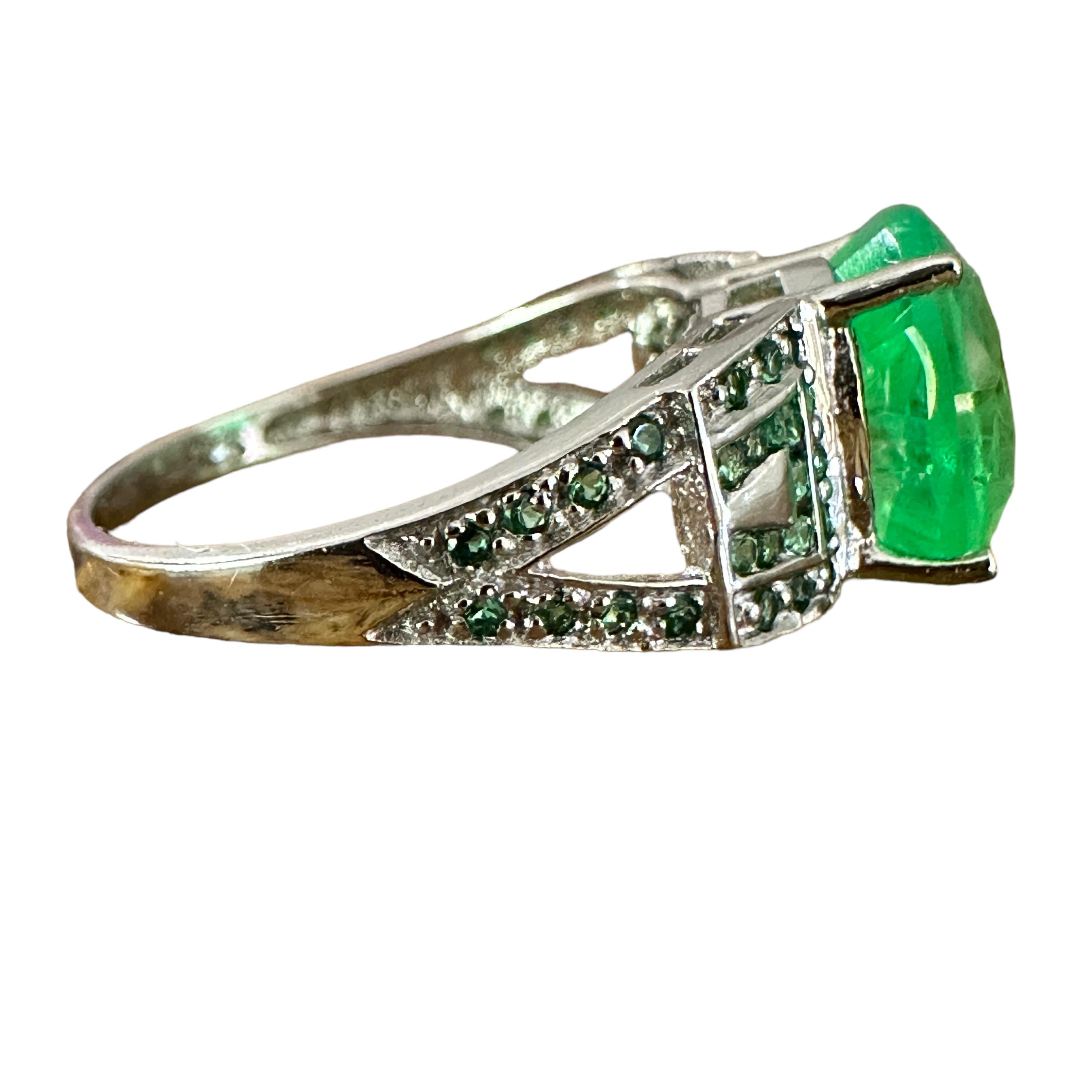 Princess Cut New African 4.0 Ct Emerald Green Garnet Sapphire & Tsavorite Sterling Ring 