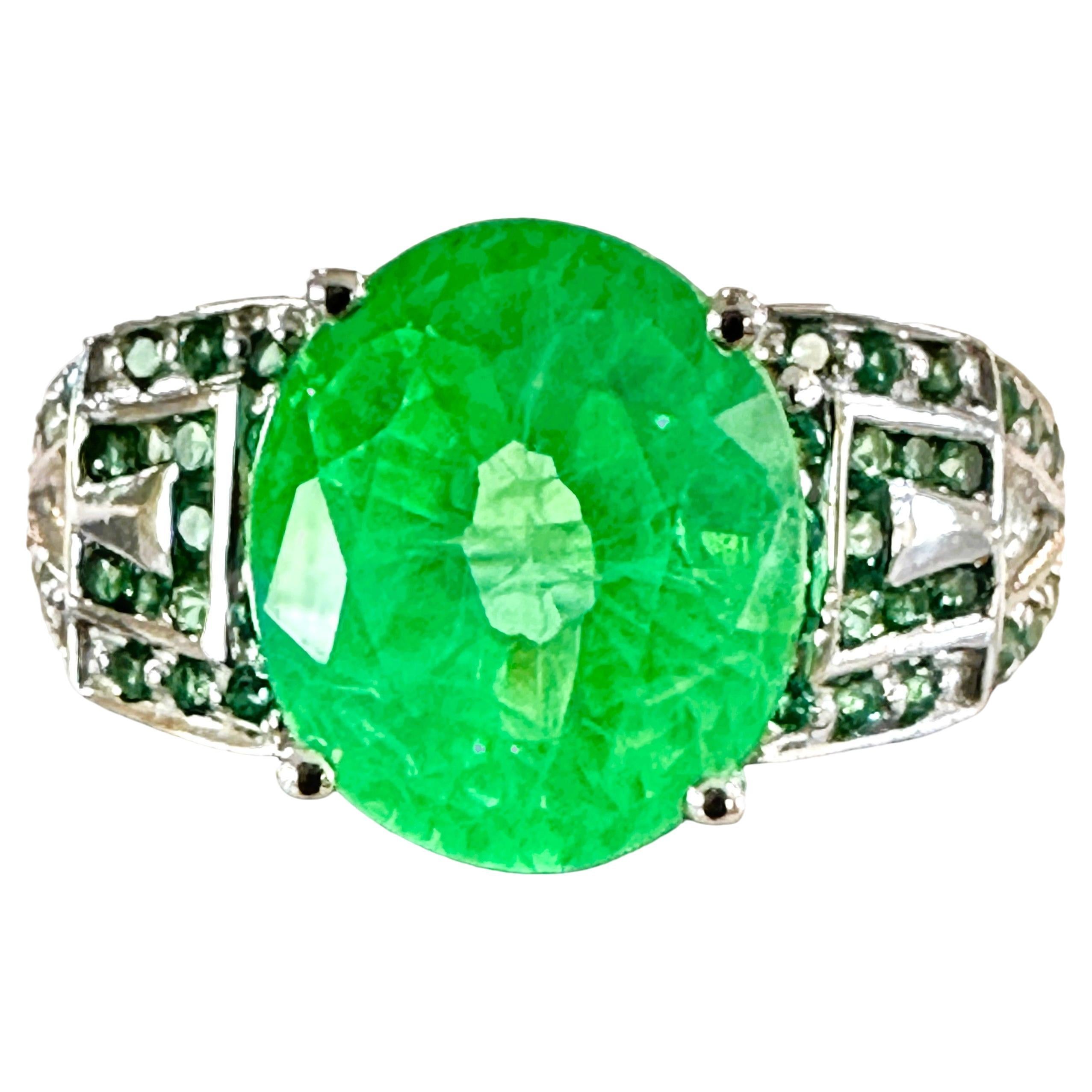 New African 4.0 Ct Emerald Green Garnet Sapphire & Tsavorite Sterling Ring 