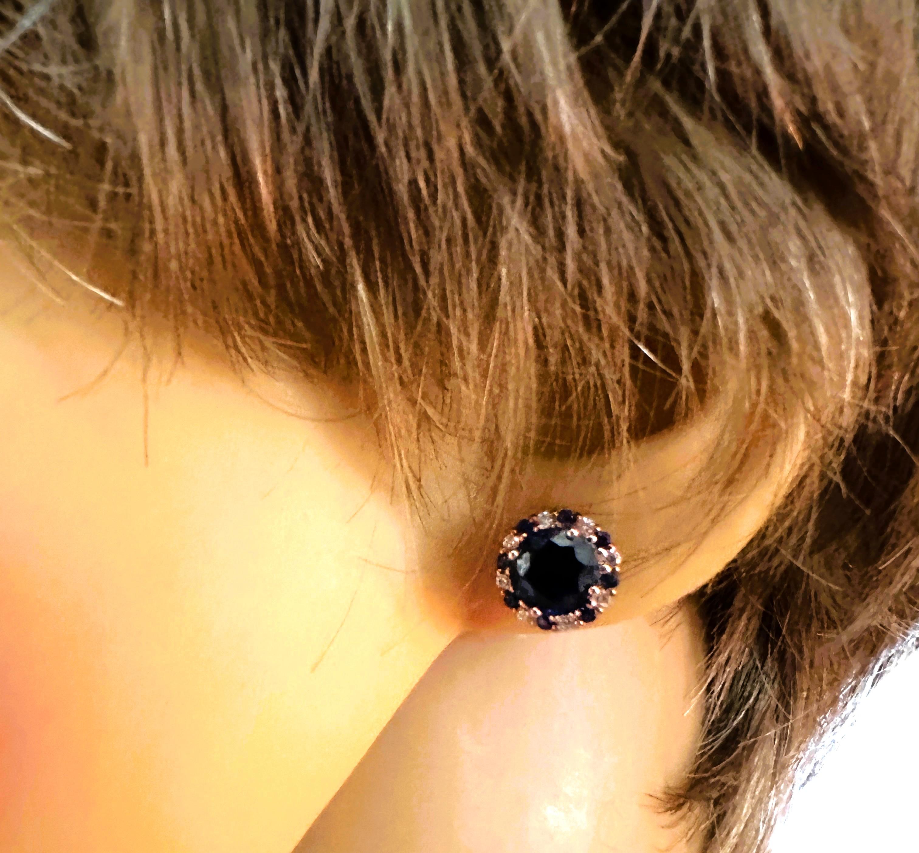 Round Cut New African 4.10 ct Deep Blue & White Sapphire Sterling Post Earrings