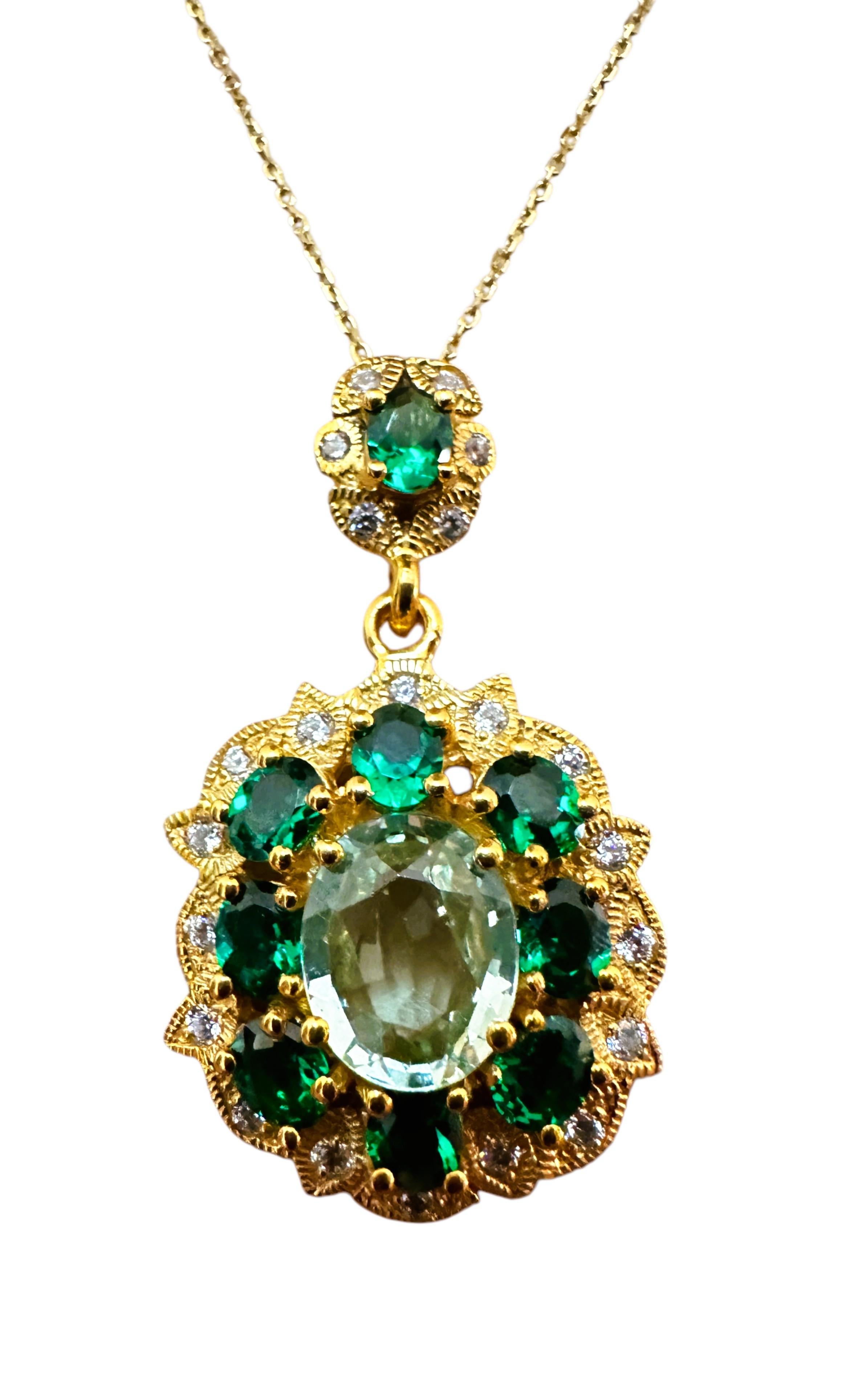 Art Deco New African 4.12 ct Lt Green Peridot & Tsavorite YGold Plated Sterling Necklace For Sale