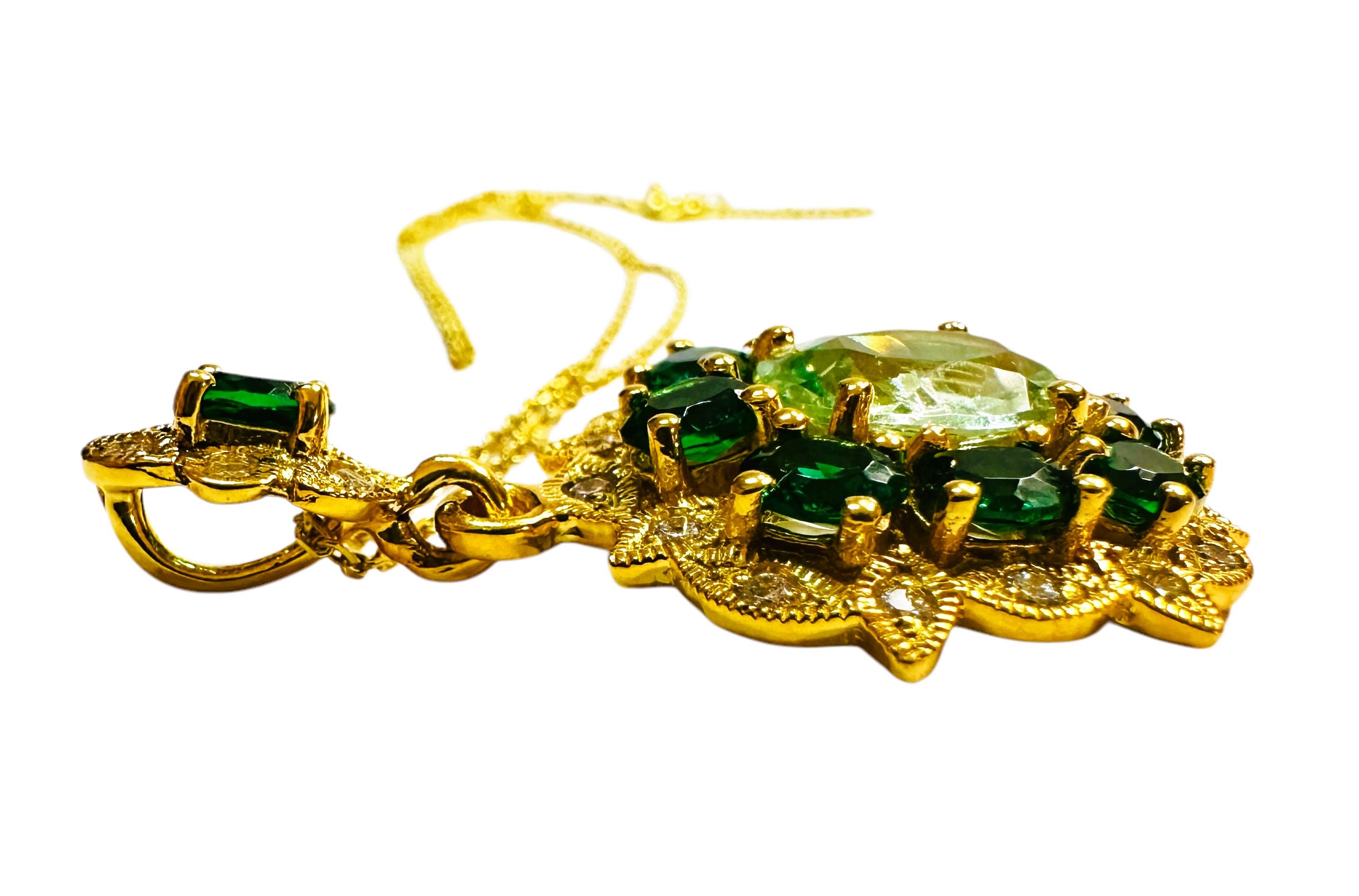 New African 4.12 ct Lt Green Peridot & Tsavorite YGold Plated Sterling Necklace For Sale 1