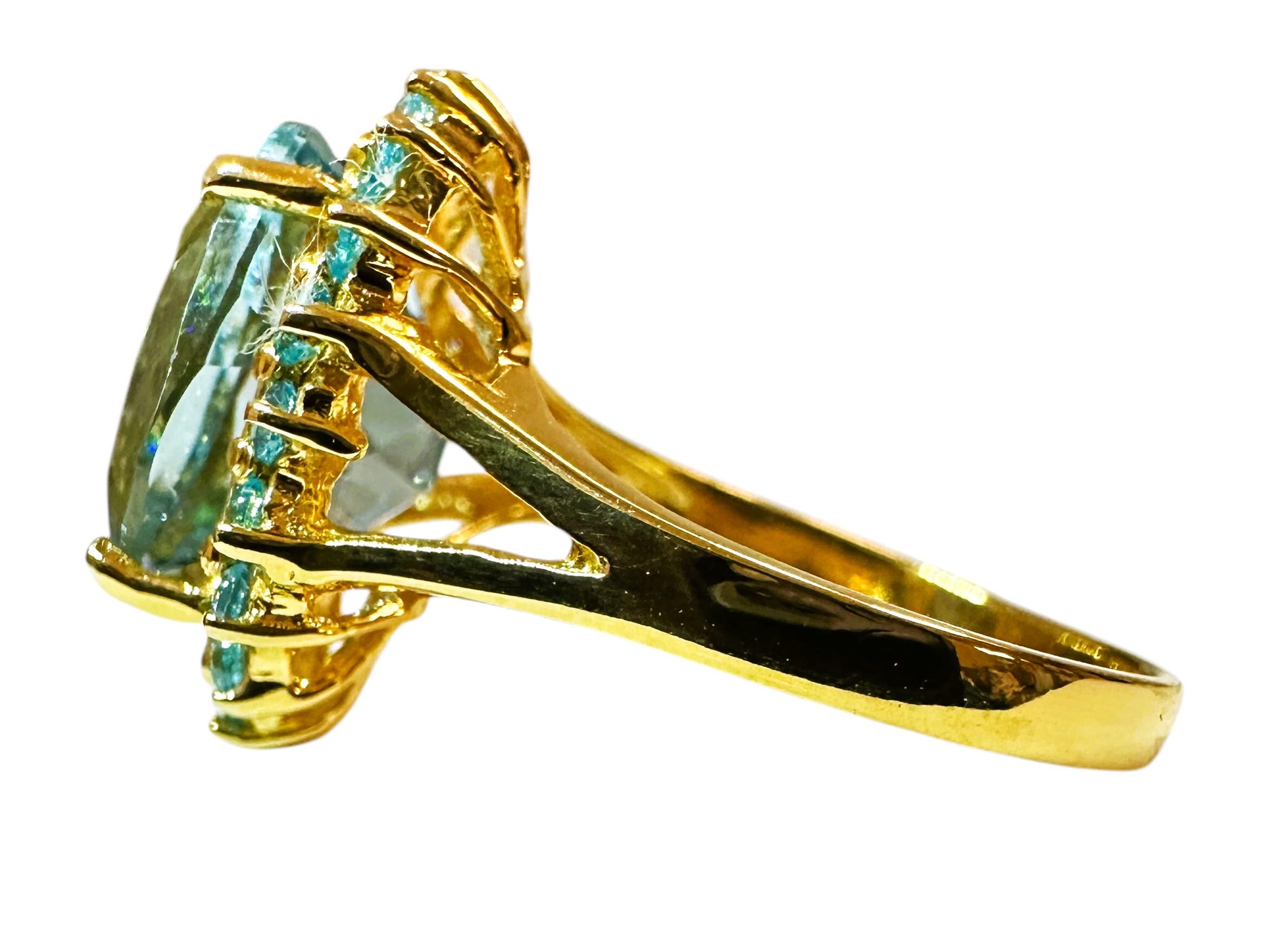 Art Deco New African 4.14 Ct Aquamarine & Diamond Cut Sapphire YGold Sterling Ring