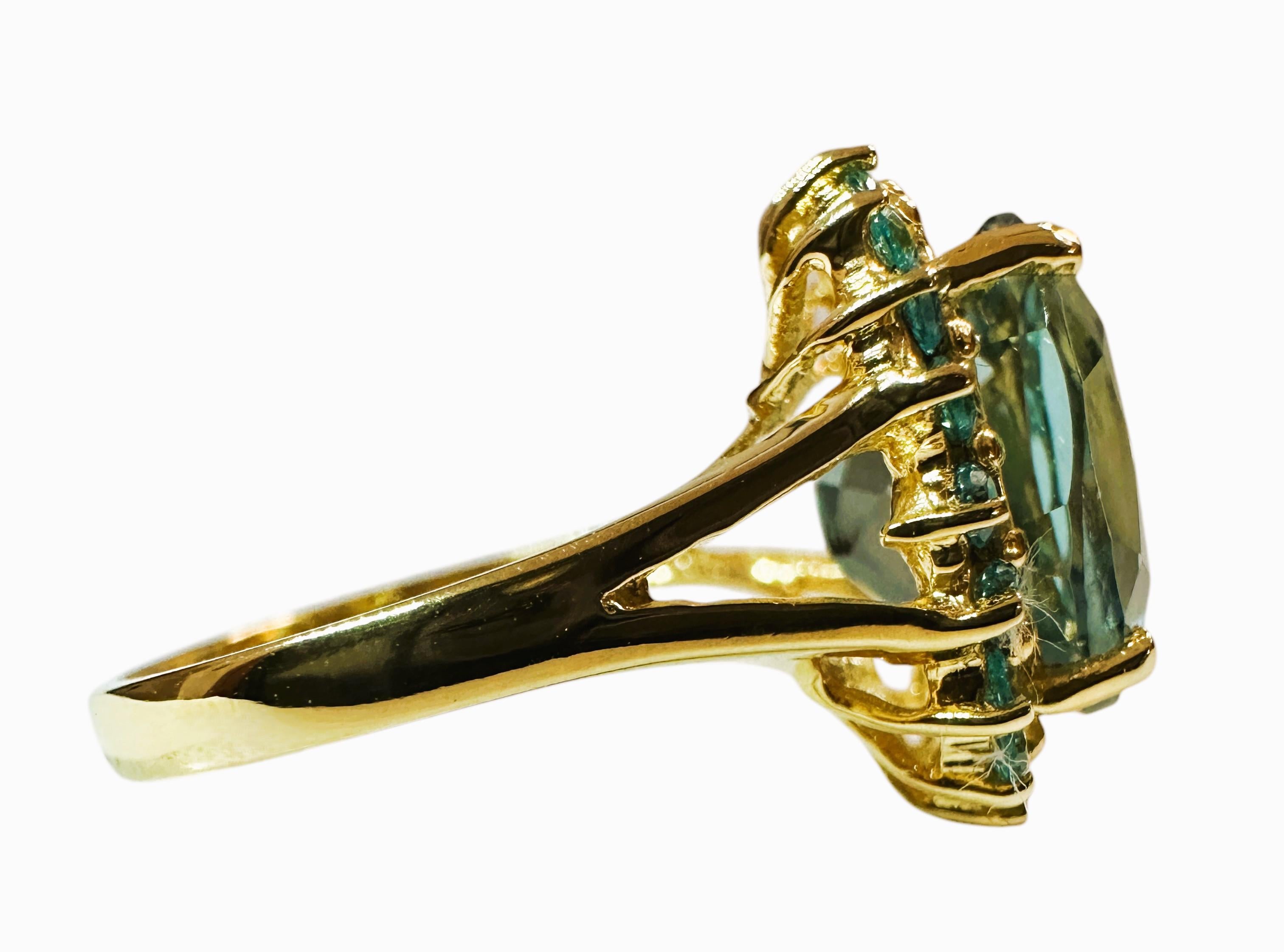 New African 4.14 Ct Aquamarine & Diamond Cut Sapphire YGold Sterling Ring In New Condition In Eagan, MN
