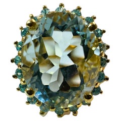 New African 4.14 Ct Aquamarine & Diamond Cut Sapphire YGold Sterling Ring