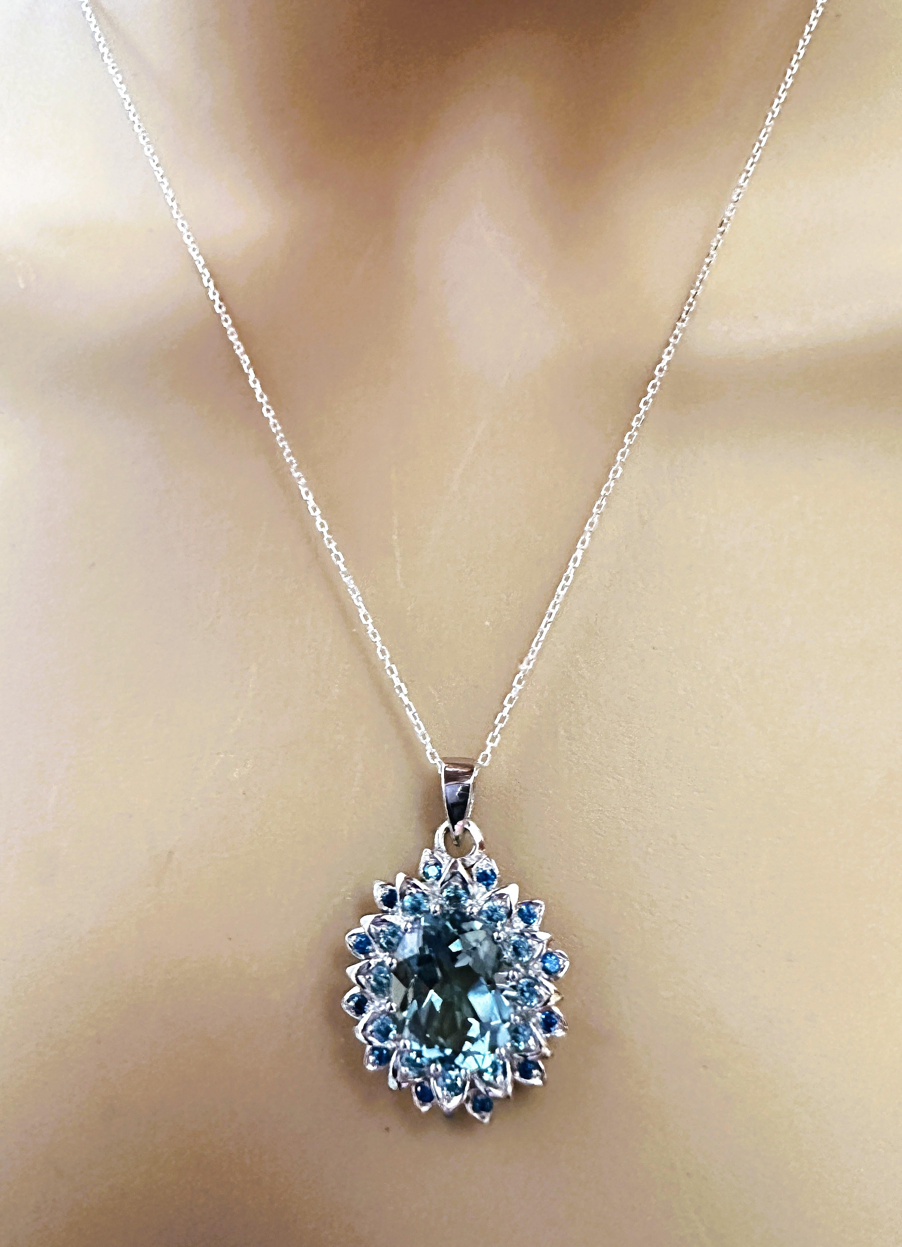 Art Deco New  African 4.42 Ct Artic Blue Aquamarine & Blue Sapphire Sterling Necklace
