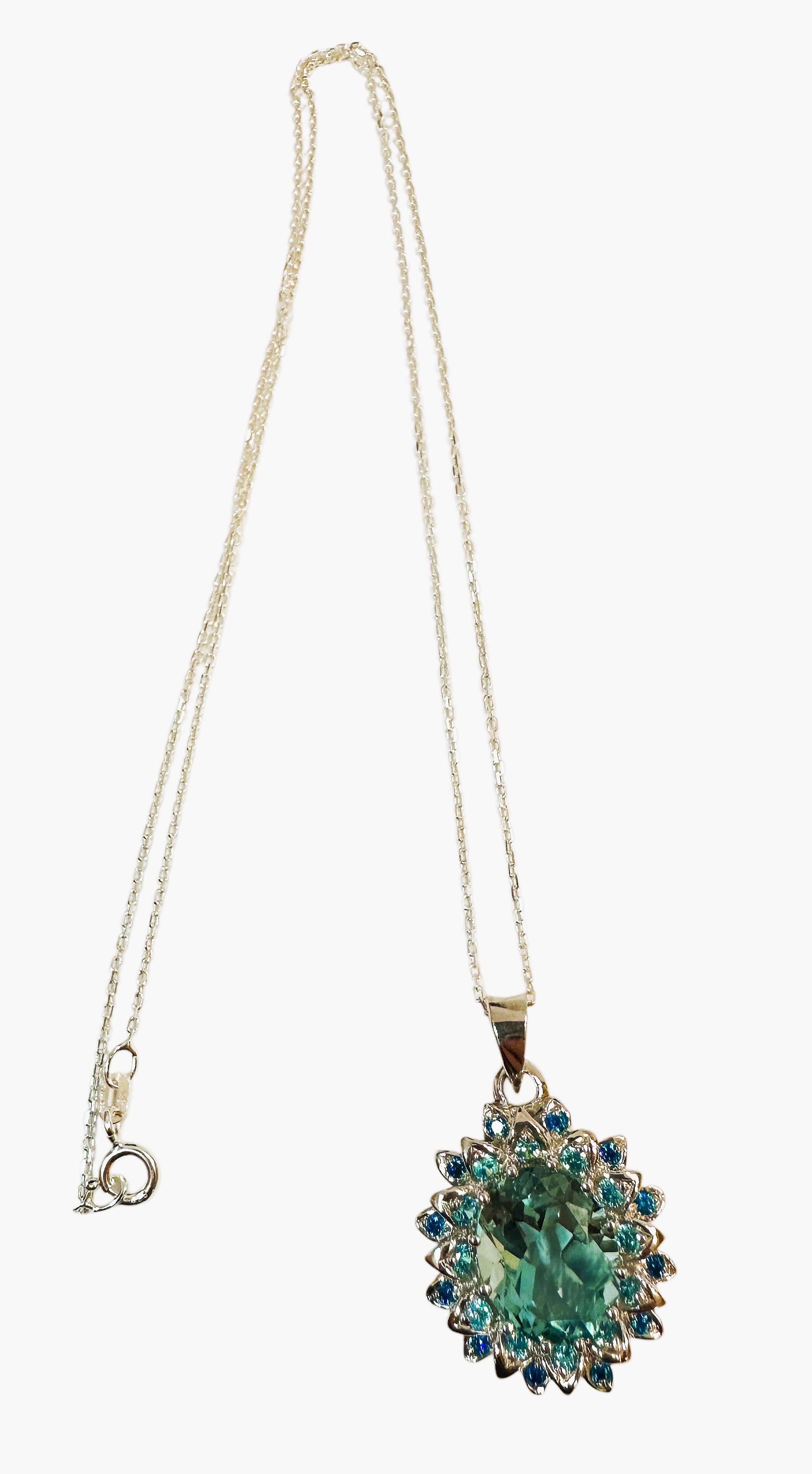 Oval Cut New  African 4.42 Ct Artic Blue Aquamarine & Blue Sapphire Sterling Necklace