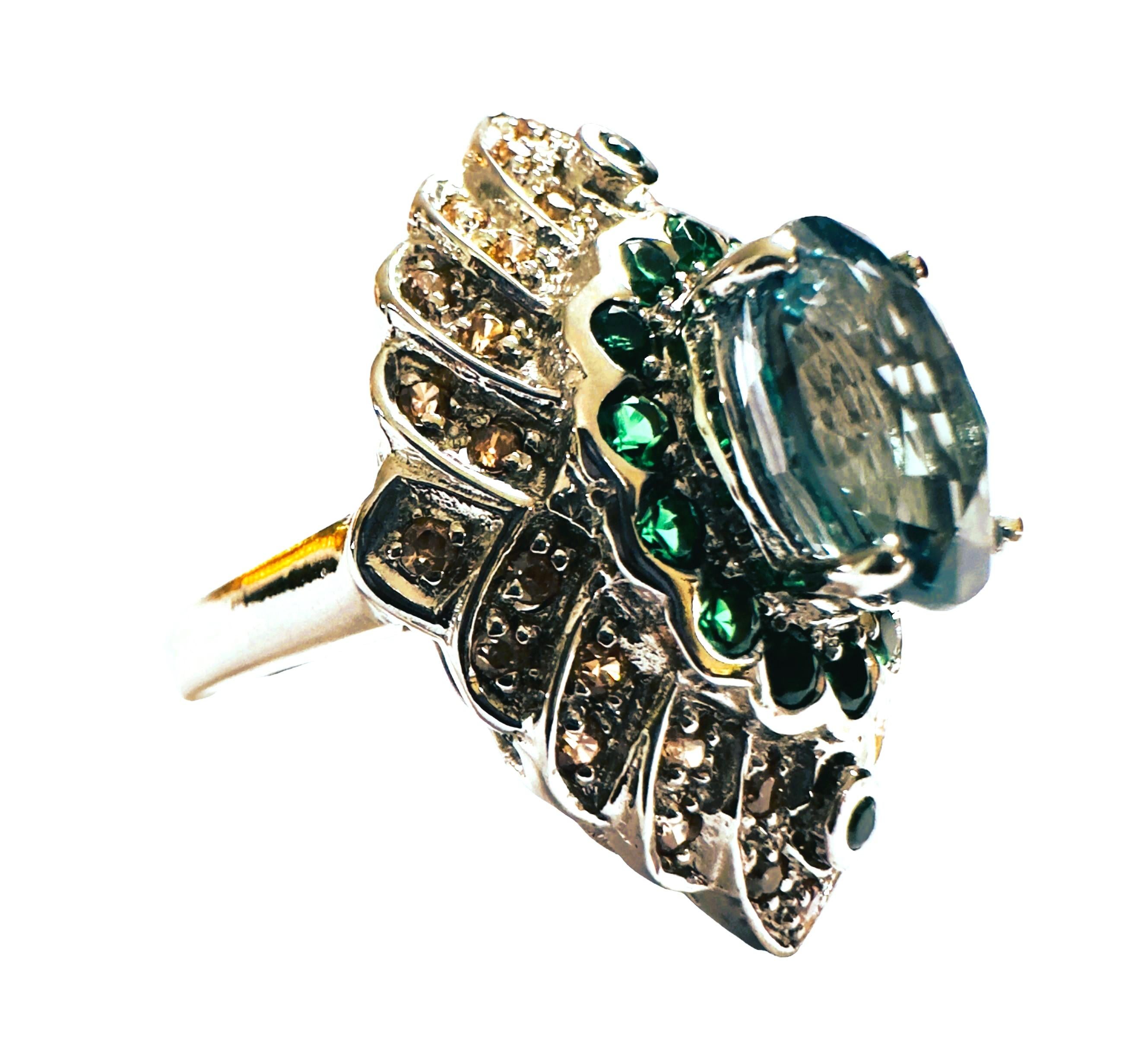 Women's New African 4.60 Ct Green Garnet & Champagne Sapphire Sterling Silver Ring