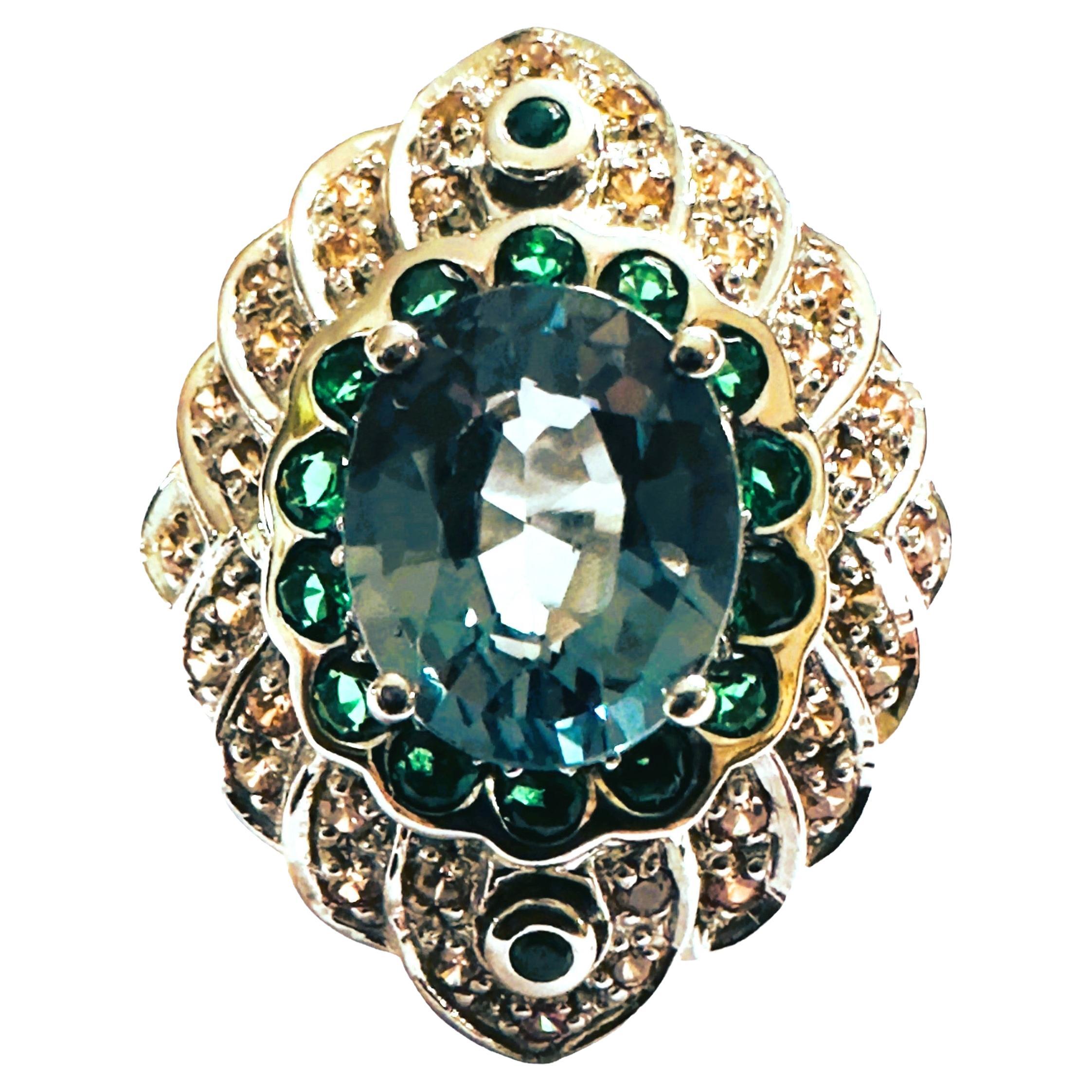 New African 4.60 Ct Green Garnet & Champagne Sapphire Sterling Silver Ring