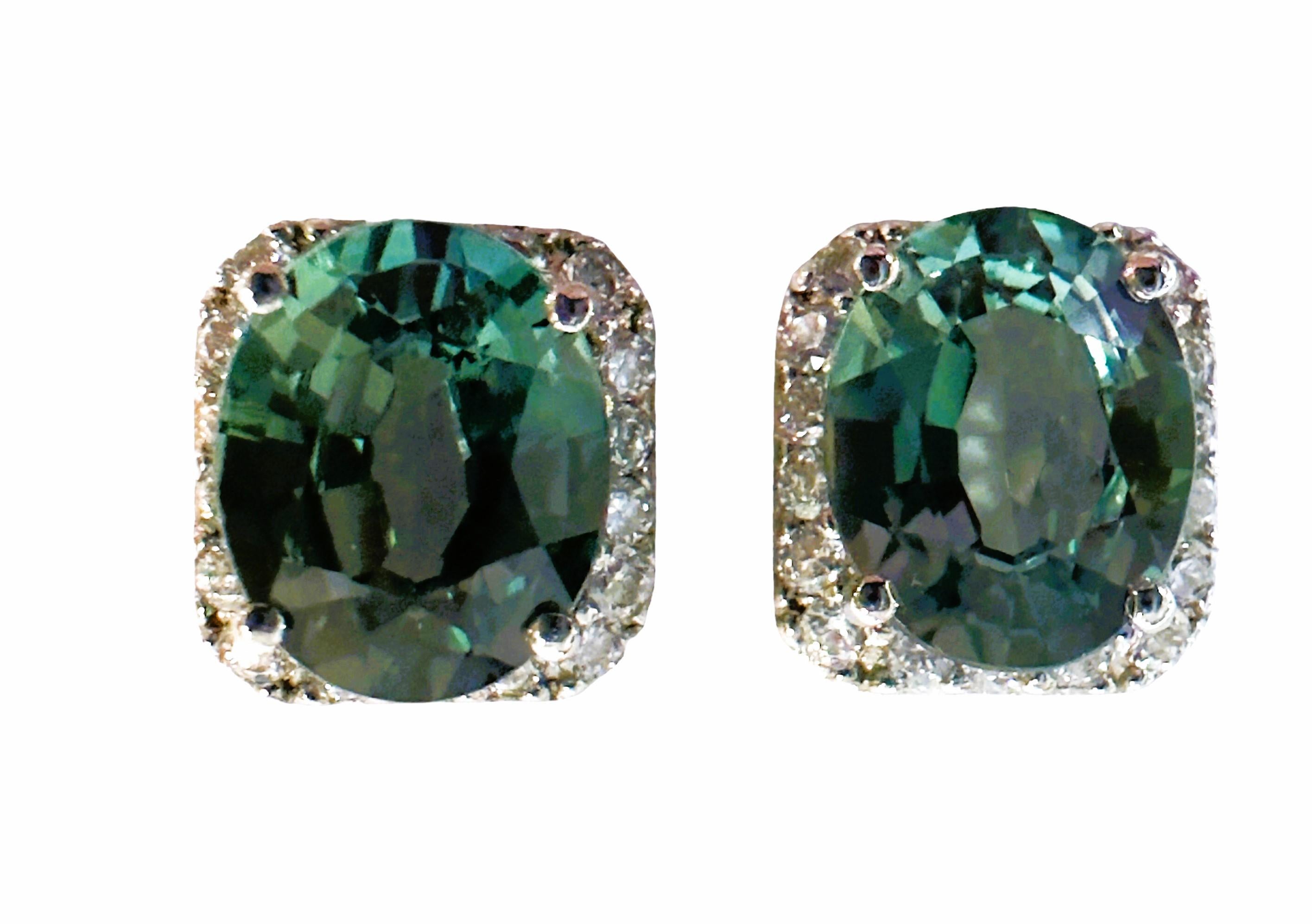 Oval Cut New African 4.70 ct Green & White Sapphire Post Sterling Earrings For Sale