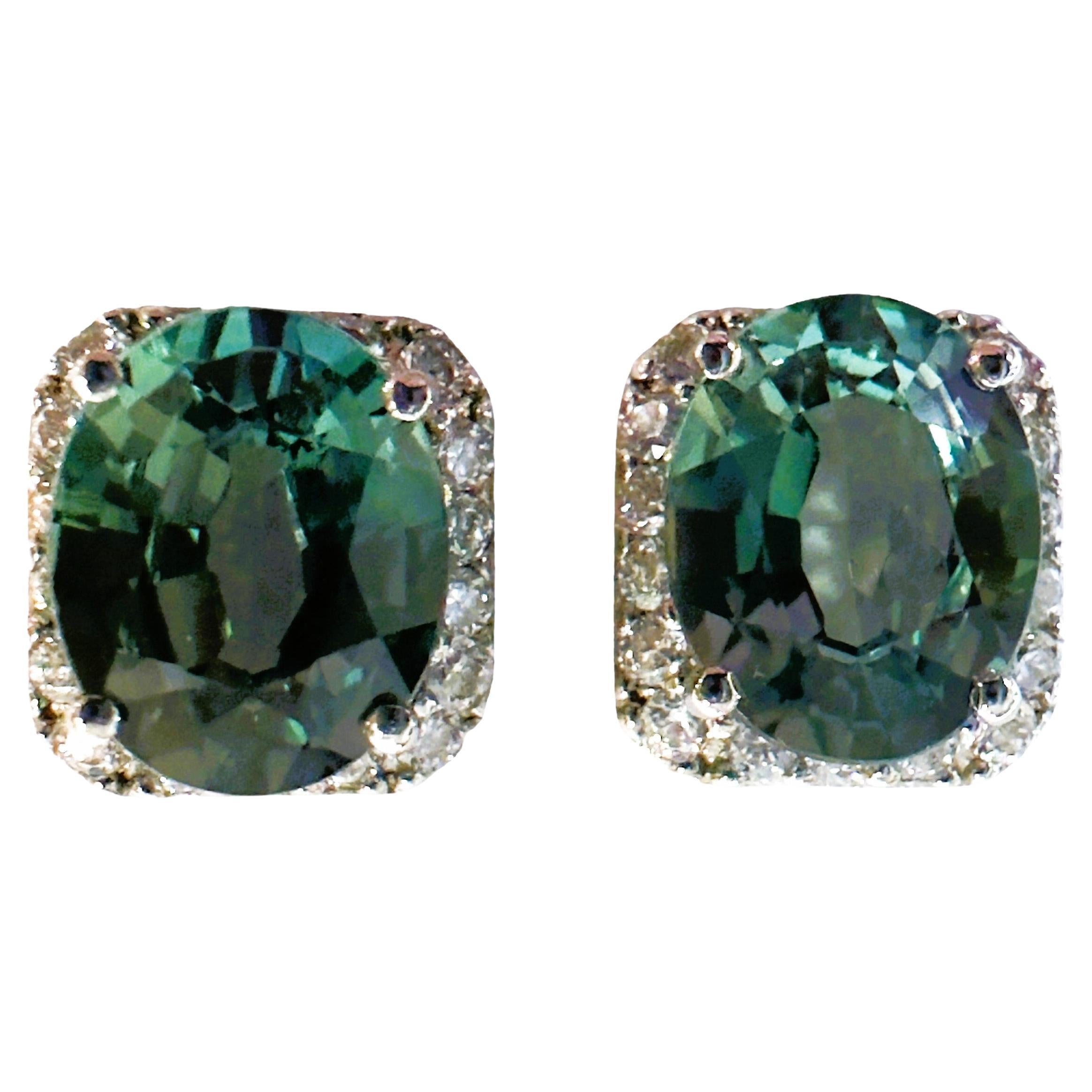 New African 4.70 ct Green & White Sapphire Post Sterling Earrings For Sale