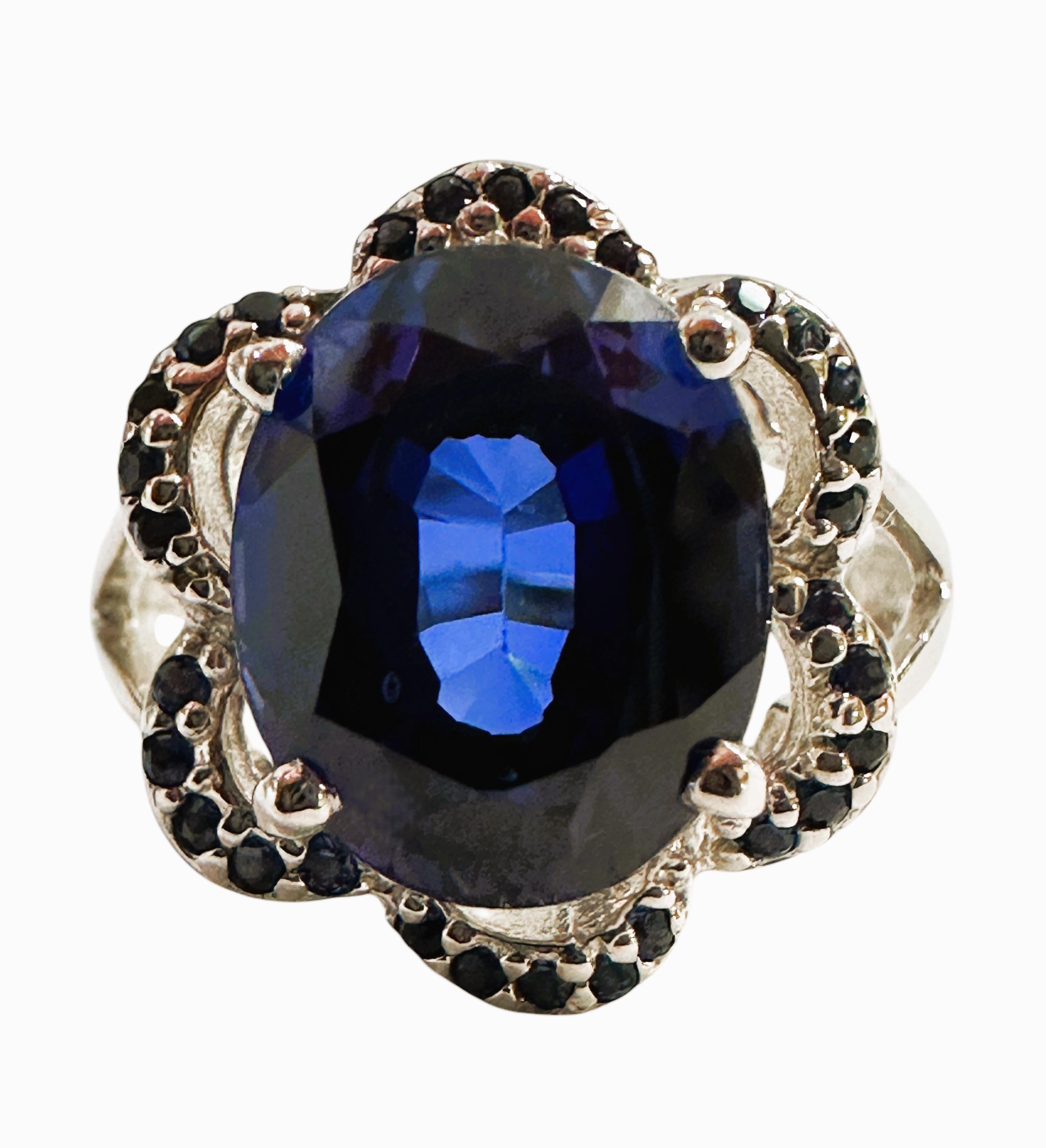 Art Deco New African 5.20 Carat Oval & Diamond Cut Blue Sapphire Sterling Ring Size 7 For Sale