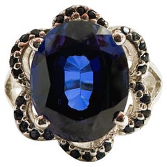 New African 5.20 Carat Oval & Diamond Cut Blue Sapphire Sterling Ring Size 7
