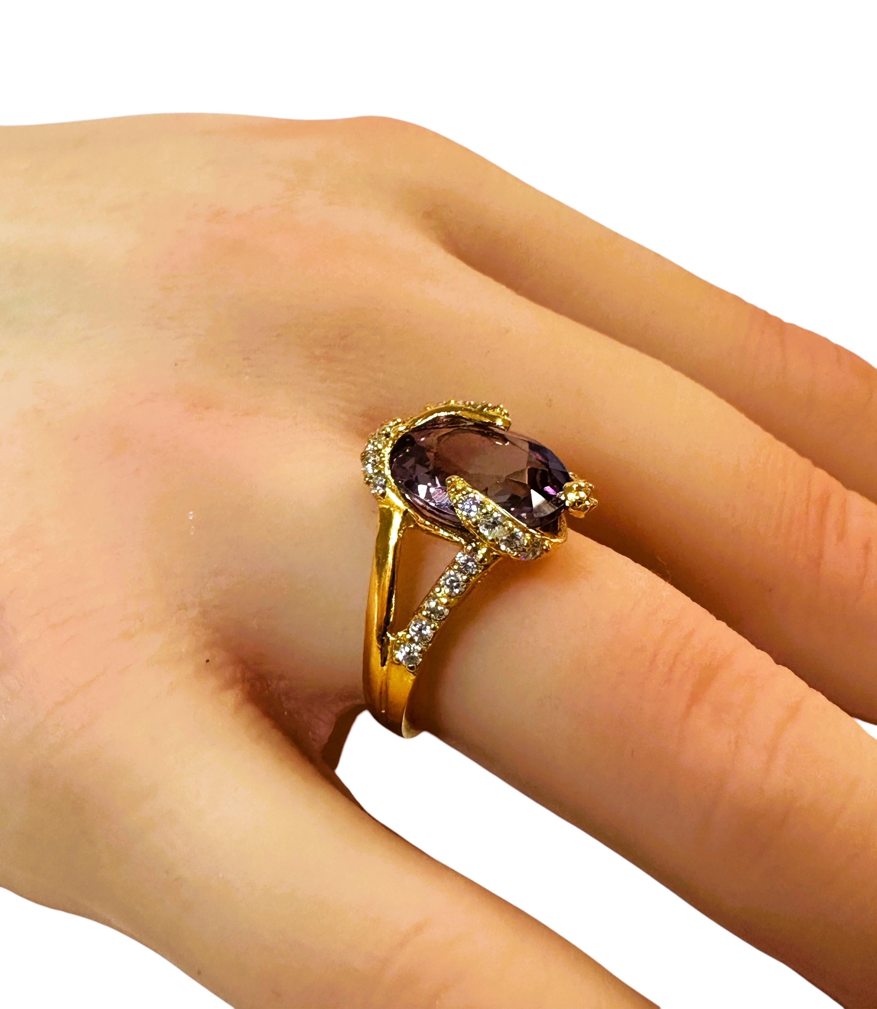 New African 5.7 ct Purple Sapphire & Diamond Cut Sapphire YGold Sterling Ring For Sale 1