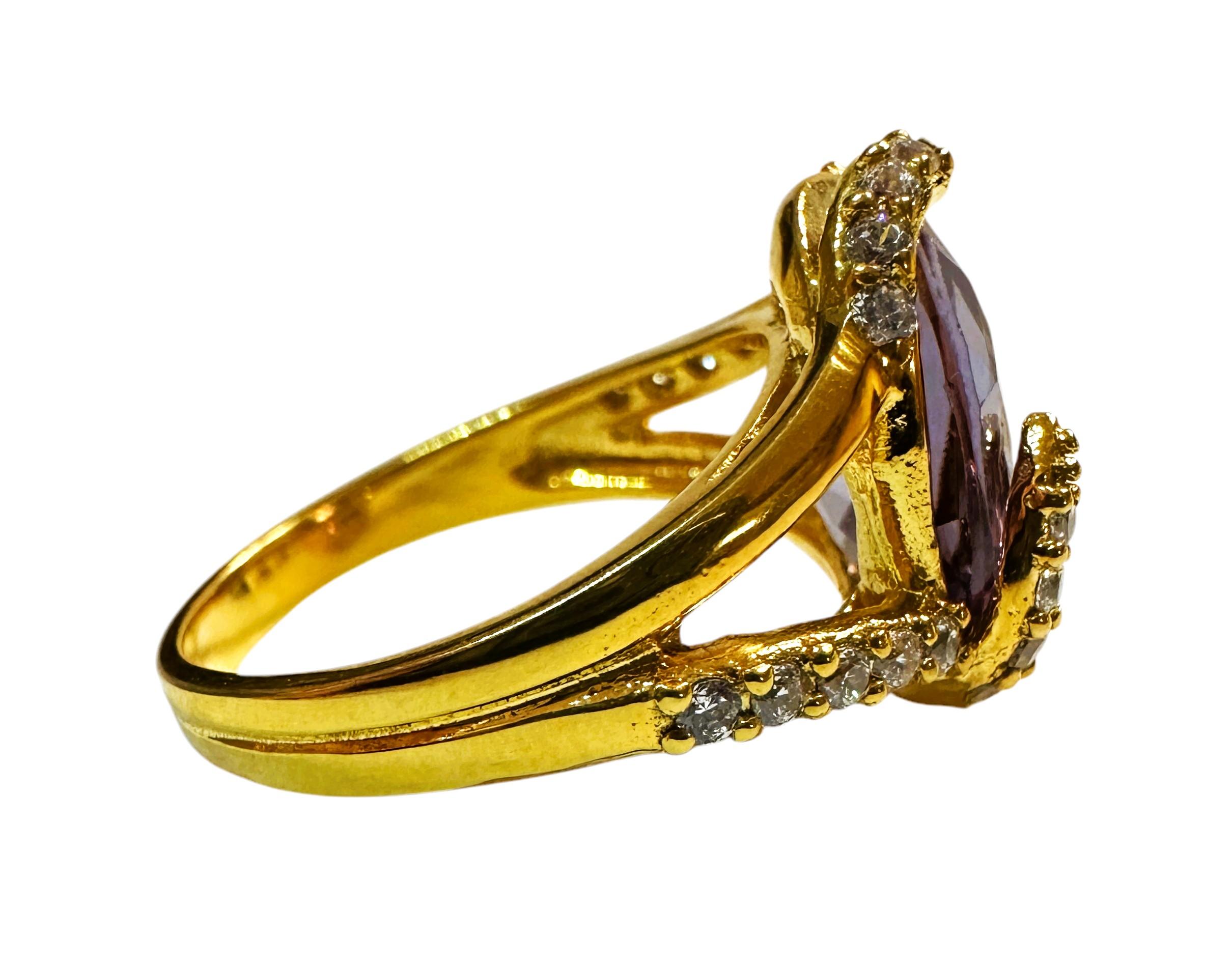 New African 5.7 ct Purple Sapphire & Diamond Cut Sapphire YGold Sterling Ring For Sale 2