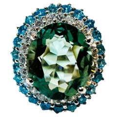 New African 5.70 Ct Teal Green Tourmaline & Sapphire Sterling Ring Size 8.25