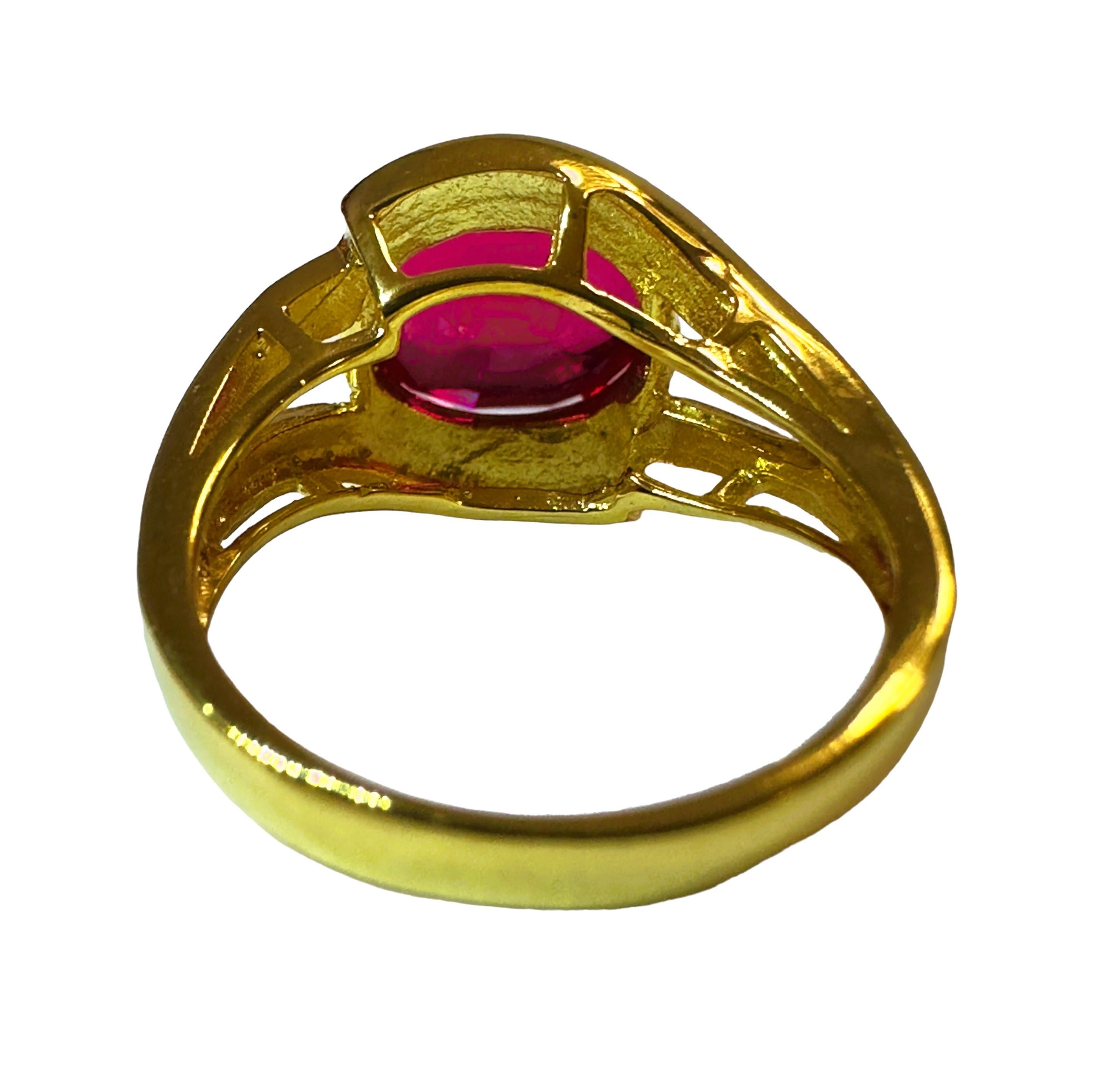 Oval Cut New African 5.80 Ct Pinkish Red Sapphire Yellow Gold Plated Sterling Ring For Sale