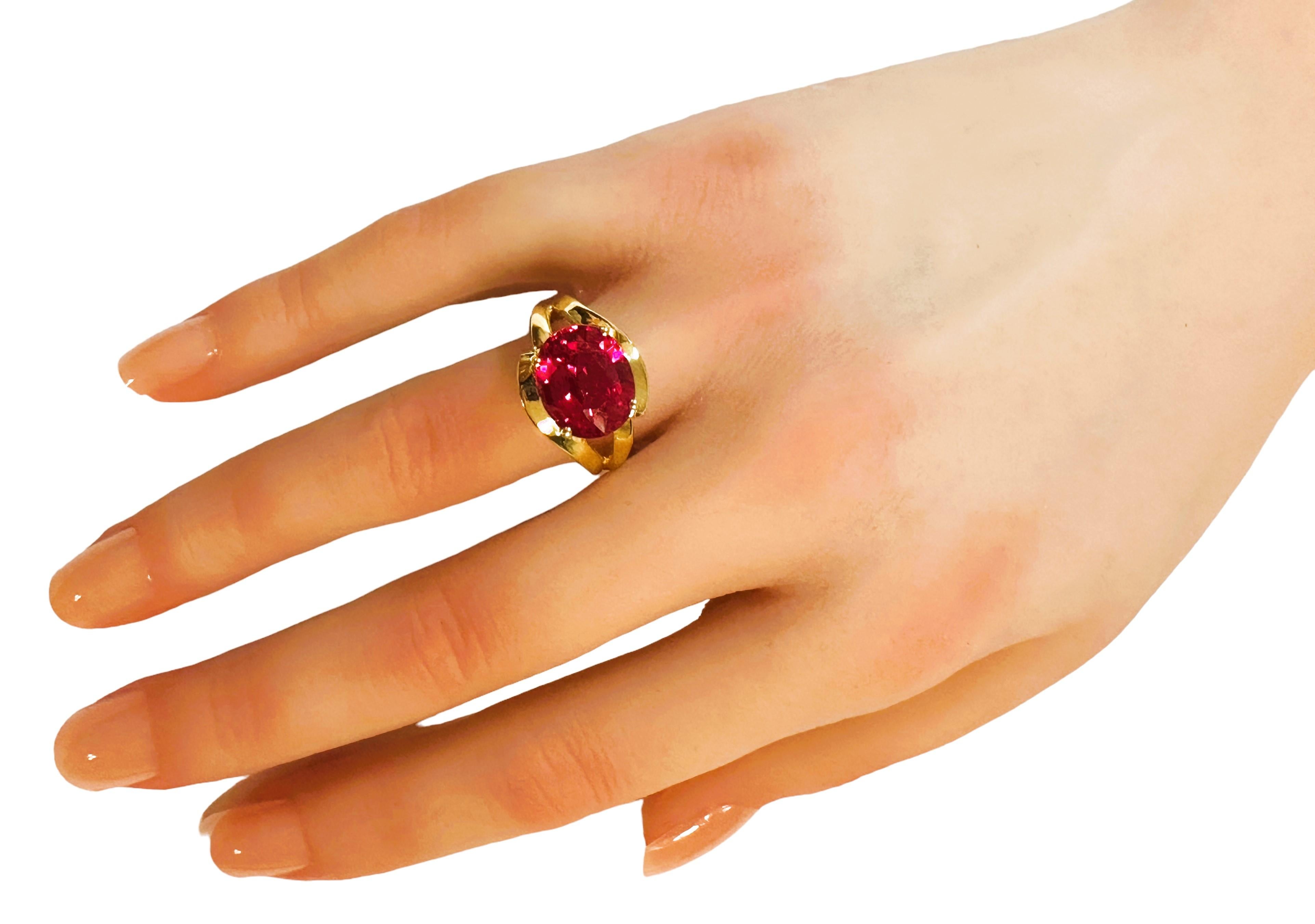 New African 5.80 Ct Pinkish Red Sapphire Yellow Gold Plated Sterling Ring For Sale 3