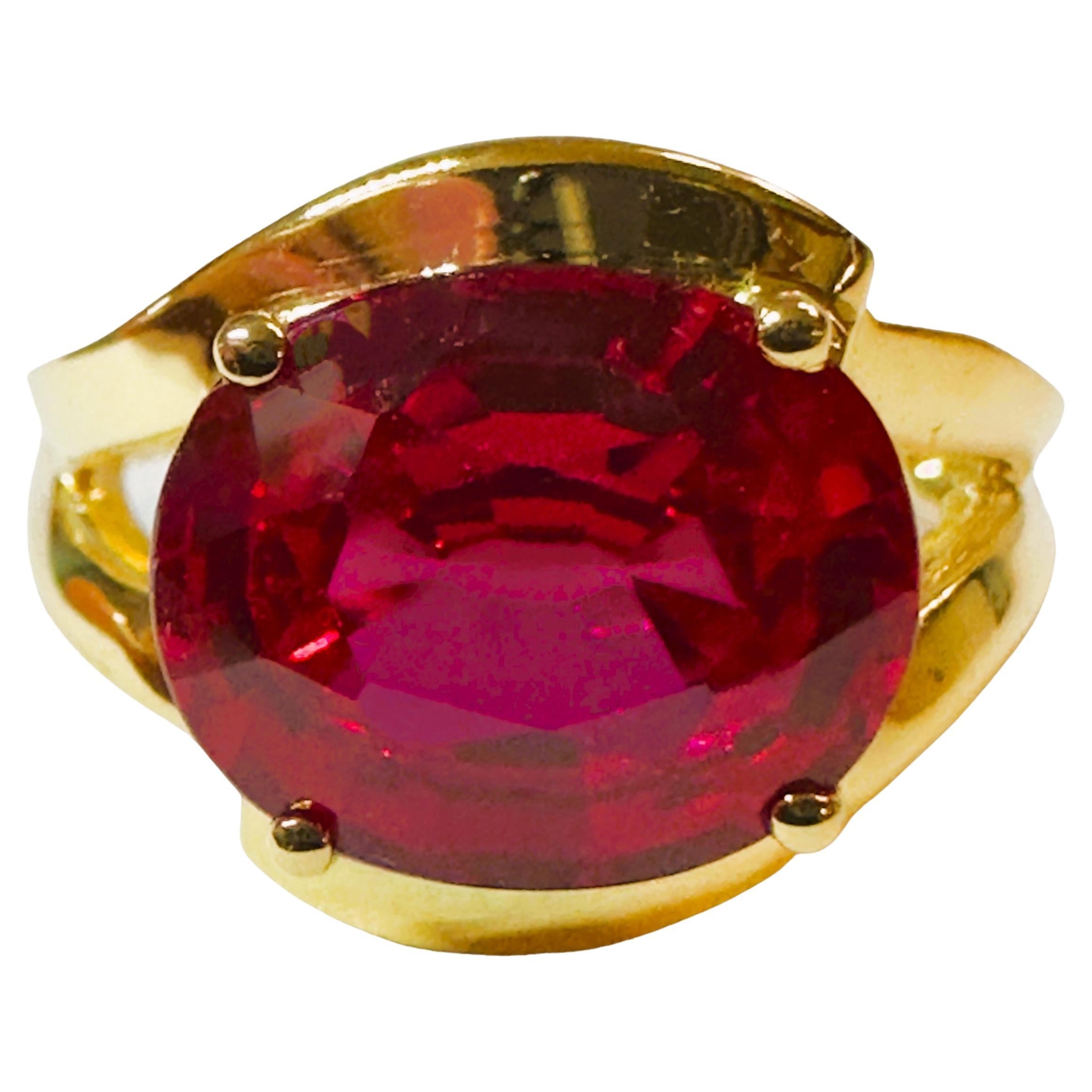 New African 5.80 Ct Pinkish Red Sapphire Yellow Gold Plated Sterling Ring For Sale